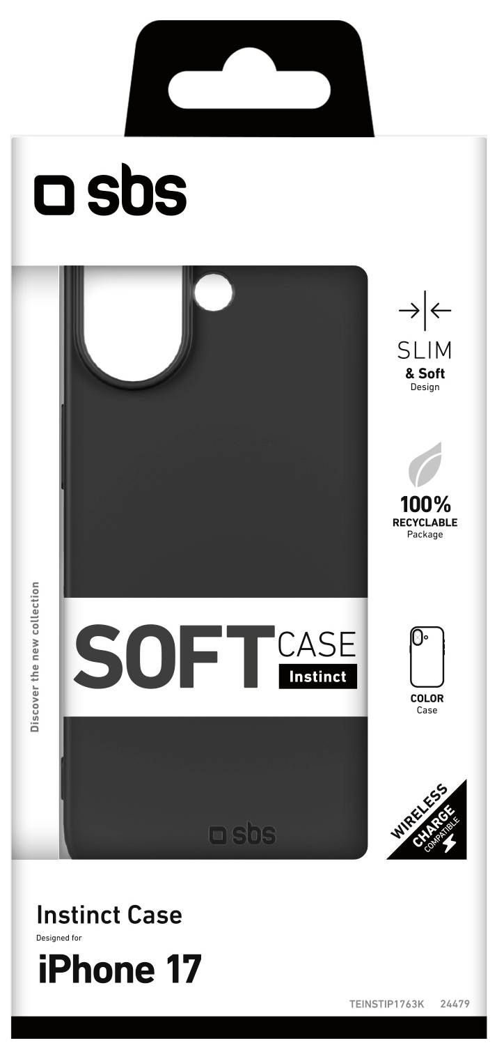 'Étui SBS Instinct noir pour iPhone 17, design fin et doux, 100% recyclable, compatible avec la charge sans fil, packaging mettant l'accent sur la durabilité.'