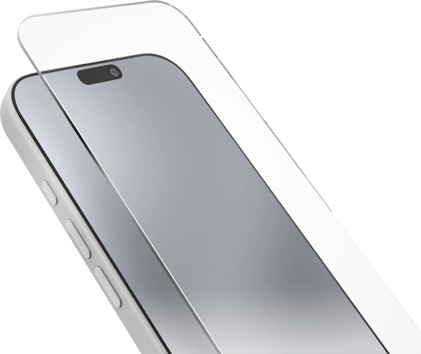 Un smartphone à l'écran vide est légèrement incliné, montrant un film de protection en cours d'application sur l'affichage, mettant en évidence la protection.