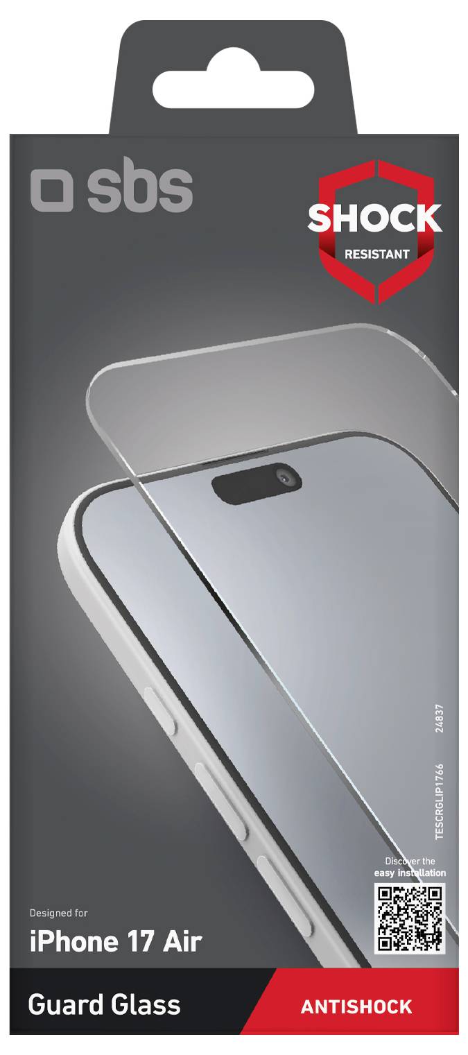 L'image montre l'emballage d'un protecteur d'écran SBS Guard Glass, conçu pour l'iPhone 17 Air. Il met en avant les caractéristiques « Résistant aux chocs » et « Anti-choc ».