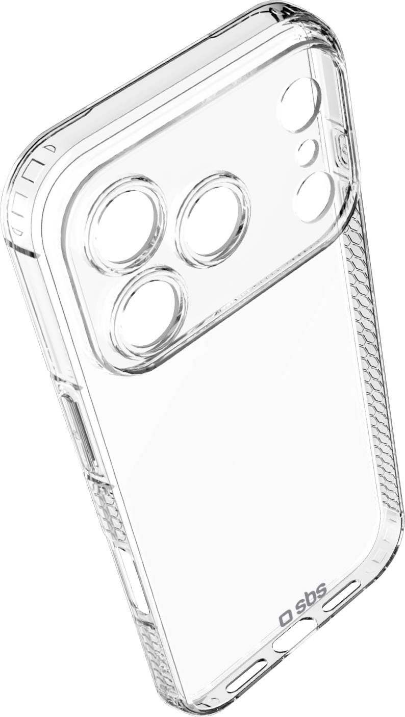 Étui de smartphone transparent avec coins renforcés et prises de grip texturées sur les côtés, présentant des découpes pour trois objectifs et le flash.
