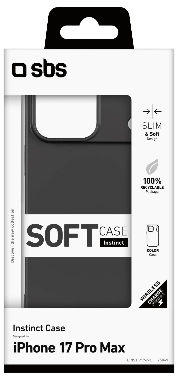 Étui souple noir pour iPhone 17 Pro Max de SBS, conçu pour la protection et la compatibilité avec la charge sans fil ; emballage 100% recyclable.
