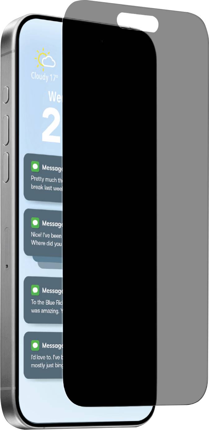 Un smartphone avec un cache d'écran de confidentialité partiellement appliqué, affichant la météo et des messages.