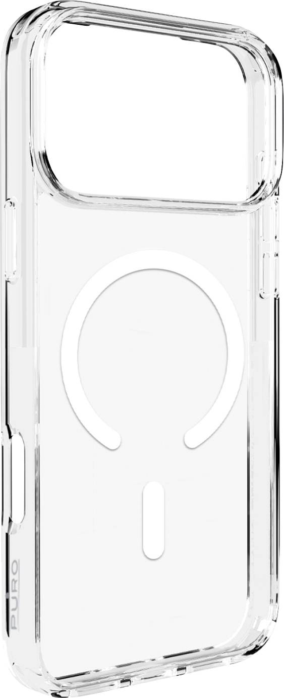 Étui de téléphone transparent avec un design épuré, présentant un cercle MagSafe visible à l'arrière, permettant l'utilisation d'accessoires magnétiques.