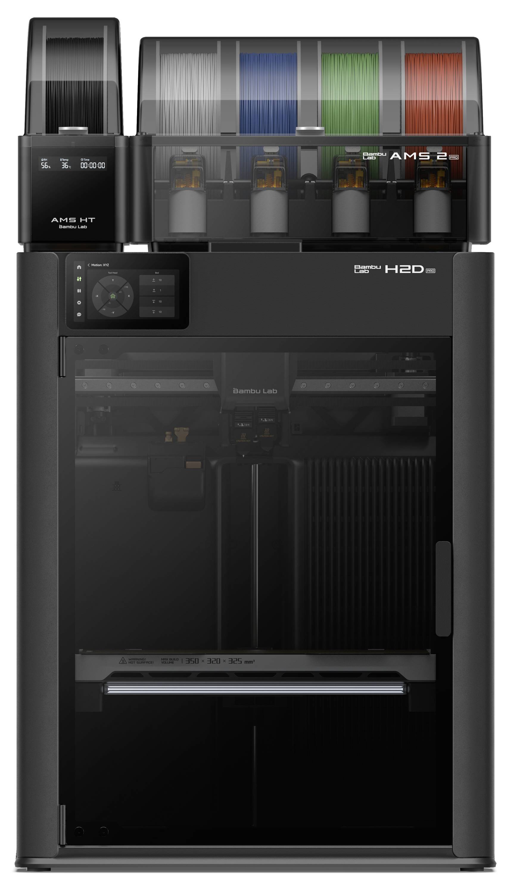 Une imprimante 3D au design élégant noir, dotée d'un support de bobine de filament sur le dessus contenant plusieurs filaments de différentes couleurs.