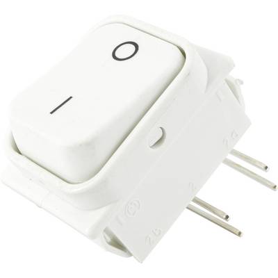 Un interrupteur à bascule blanc portant les symboles « Marche » et « Arrêt », doté de trois broches métalliques pour les connexions électriques, placé verticalement.
