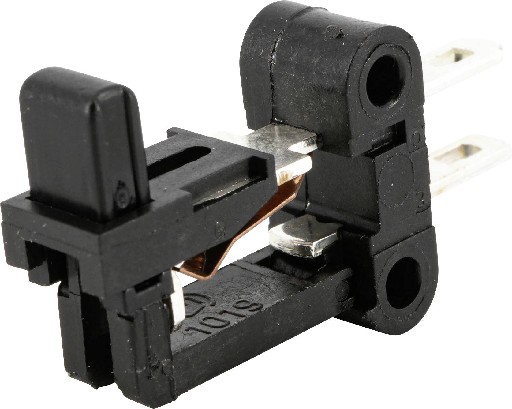 Un micro-interrupteur à levier noir avec un bras métallique visible et trois broches de connexion, utilisé pour des applications de coupure de circuit ou de commutation.