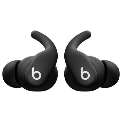 Écouteurs sans fil noirs au design élégant, arborant des logos 'b' sur l'extérieur, équipés d'embouts auriculaires flexibles pour un ajustement sécurisé et confortable.