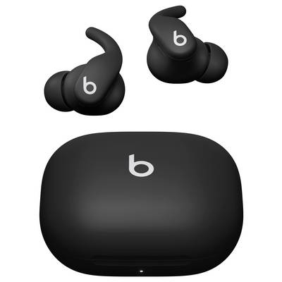 Écouteurs sans fil noirs avec logo distinctif 'b', accompagnés d'un boîtier de charge assorti portant le même logo sur le couvercle.