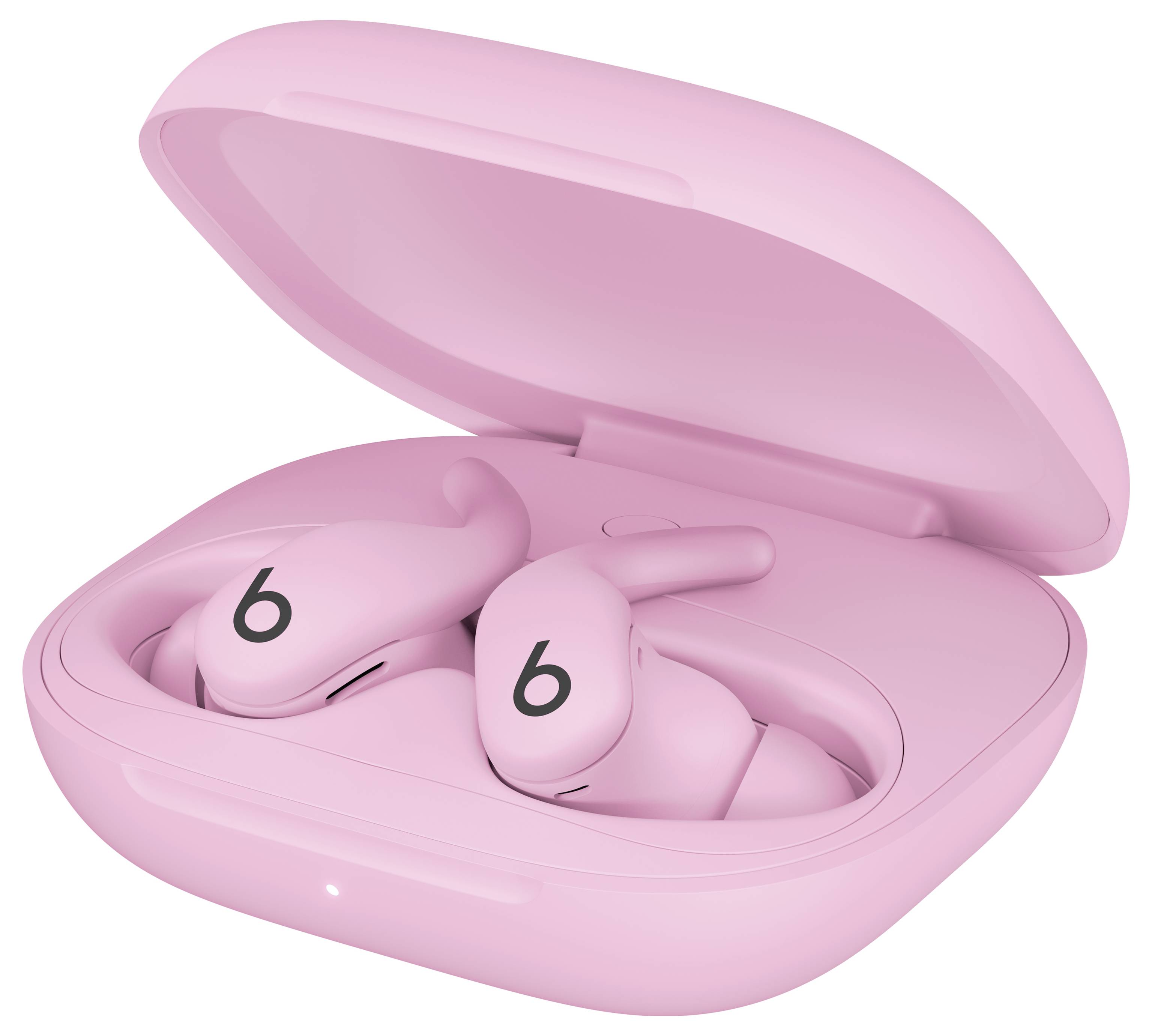 Écouteurs sans fil roses avec un logo 'b' à l'intérieur d'un étui de chargement ouvert.