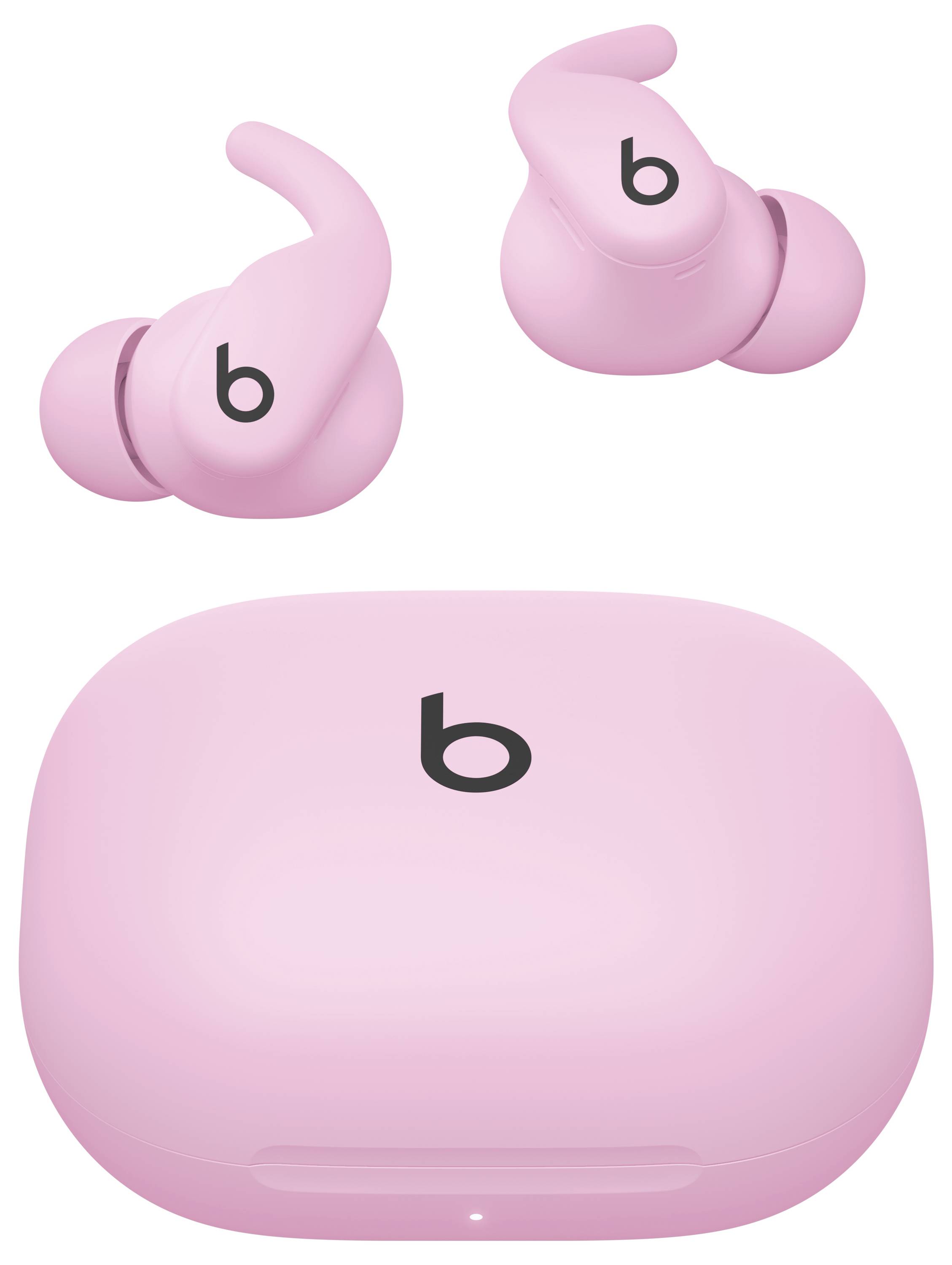 Écouteurs sans fil roses avec logo 'b', présentés au-dessus d'un boîtier de charge assorti également rose, portant également le logo 'b'.
