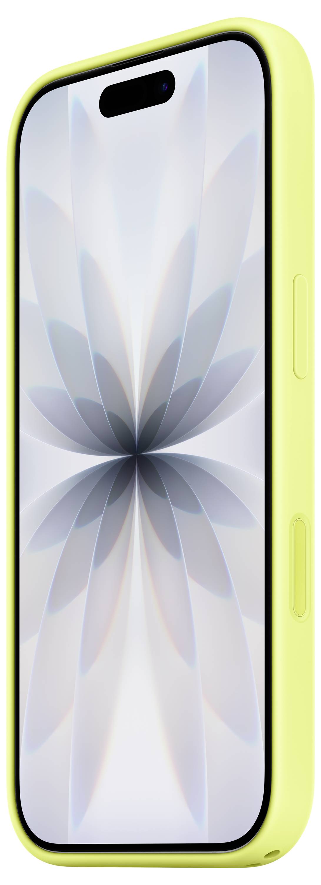 Un smartphone fin doté d'un étui jaune vif affiche un motif floral abstrait et symétrique sur son écran, sur un fond blanc.