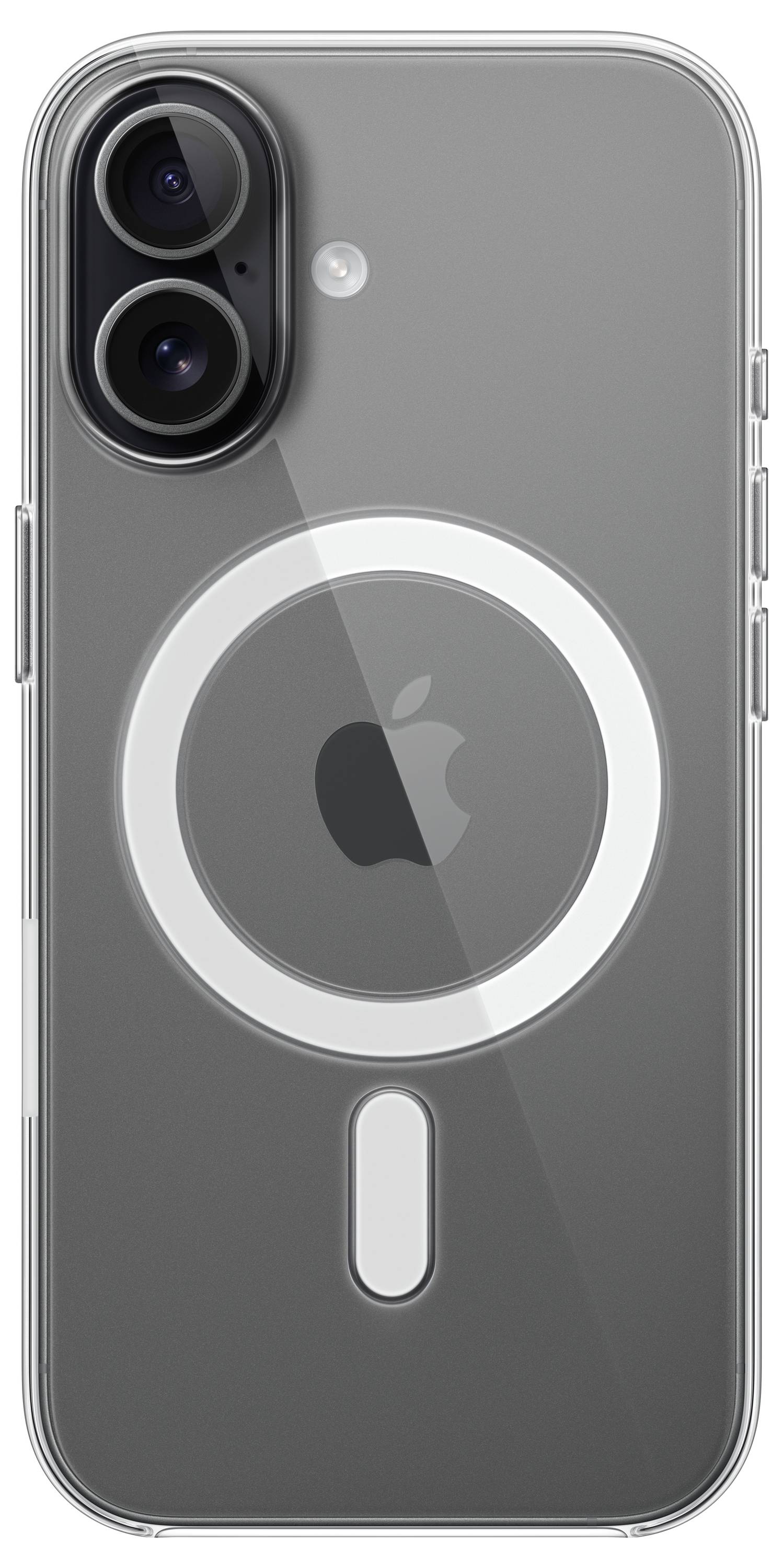 Étui de téléphone transparent muni d'un anneau magnétique circulaire conçu pour être compatible avec MagSafe, avec le logo Apple mis en valeur en son centre.