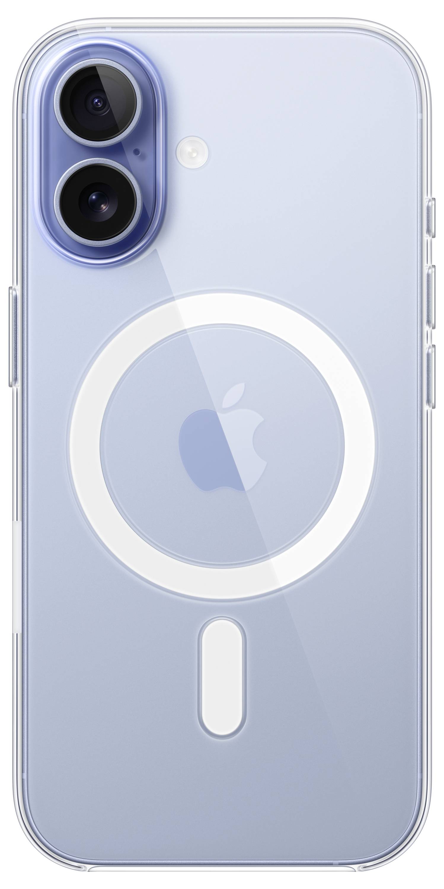 Un smartphone bleu clair avec deux caméras arrière, un logo Apple et une zone magnétique circulaire au dos.