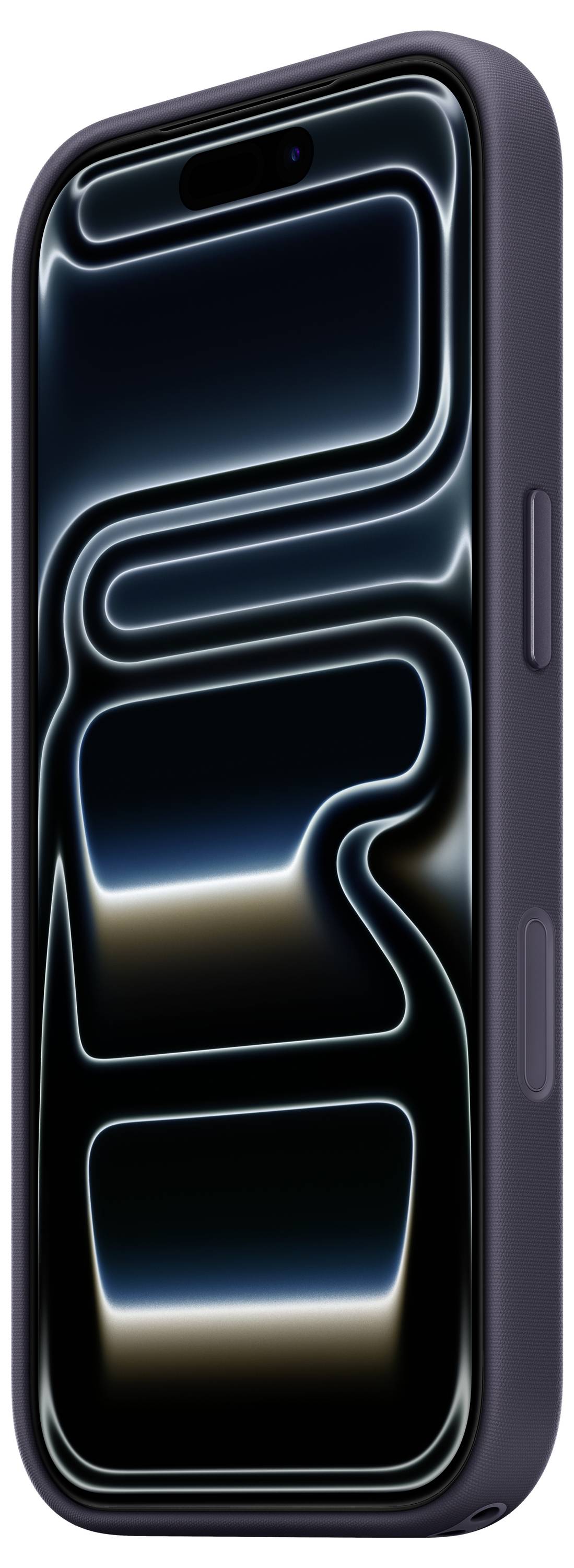 Un smartphone avec un étui sombre, présentant un motif numérique abstrait à l'écran qui brille avec des courbes néon contre un fond noir.