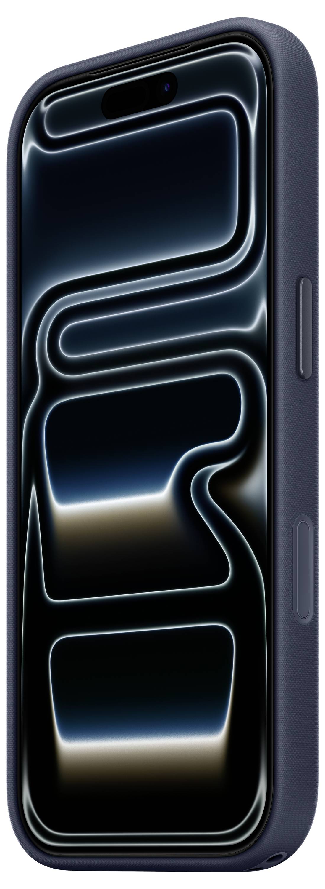 Un smartphone avec un boîtier élégant et moderne, affichant un motif abstrait et luminescent sur l'écran, avec des boutons latéraux visibles.