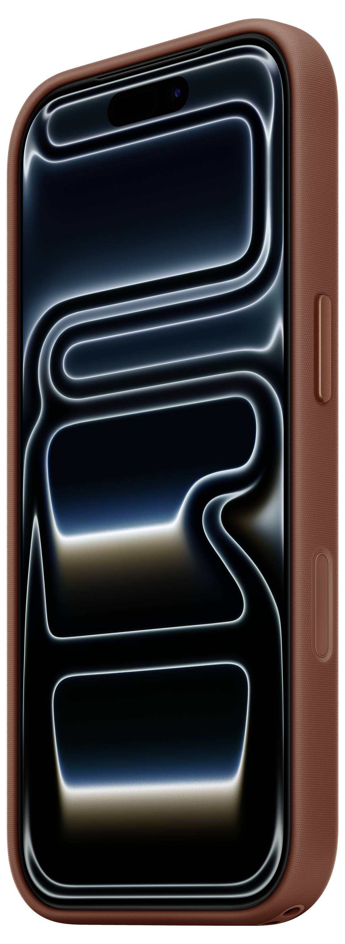 Un smartphone au design élégant est présenté dans un étui brun. L'écran affiche un motif abstrait futuriste avec des lignes lumineuses.