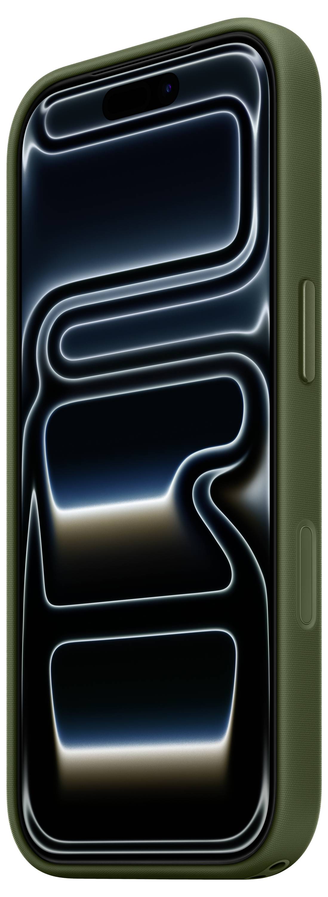 Un smartphone avec un écran abstrait sombre, dans un étui vert, est présenté de côté, mettant en valeur son aspect élégant et moderne.