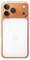 Un étui transparent conçu pour un smartphone orange comportant deux grands objectifs d'appareil photo, un objectif plus petit, et un logo Apple au dos.