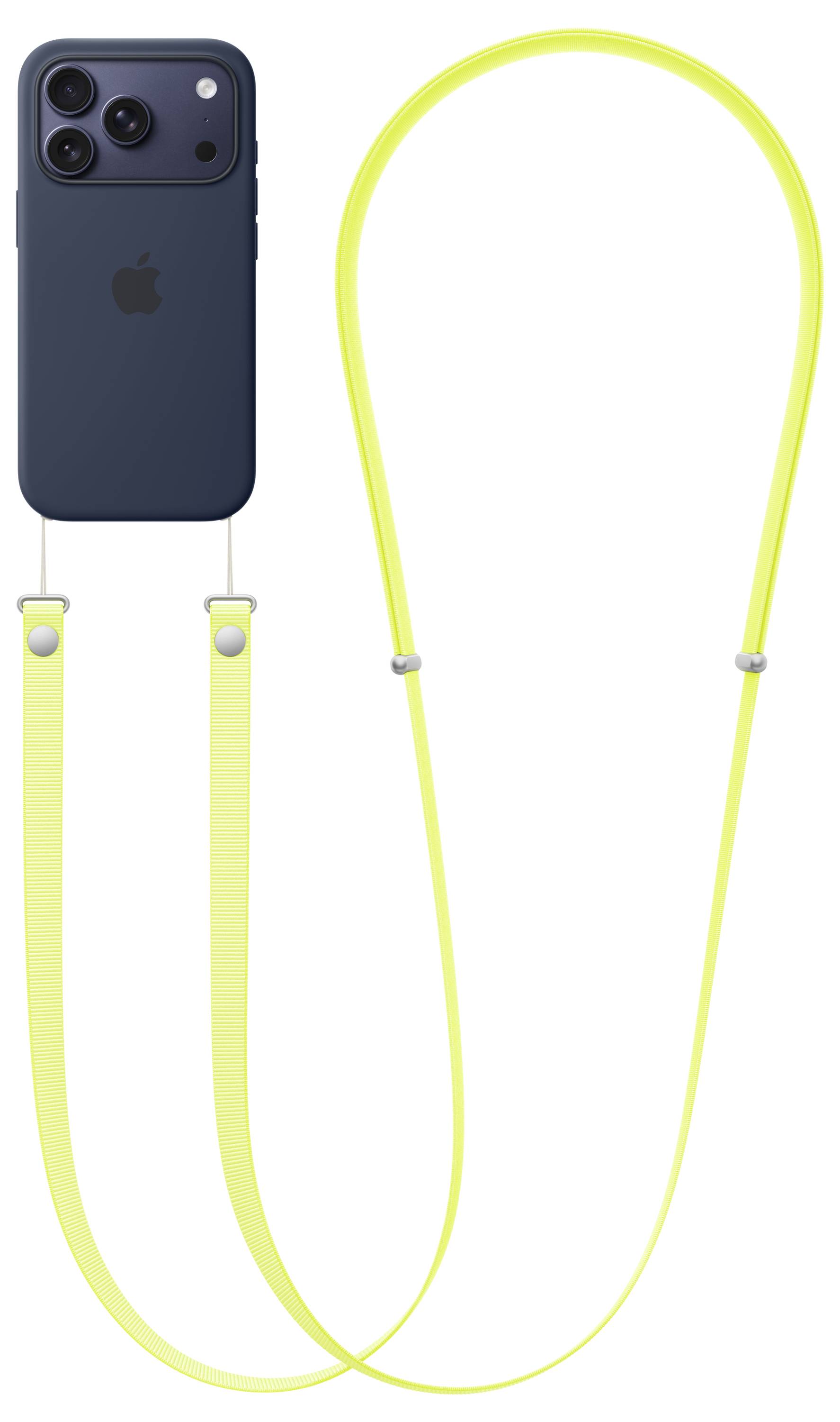 Un smartphone sombre avec un cordon amovible jaune lumineux passé à travers deux points de fixation, conçu pour être transporté sans les mains.