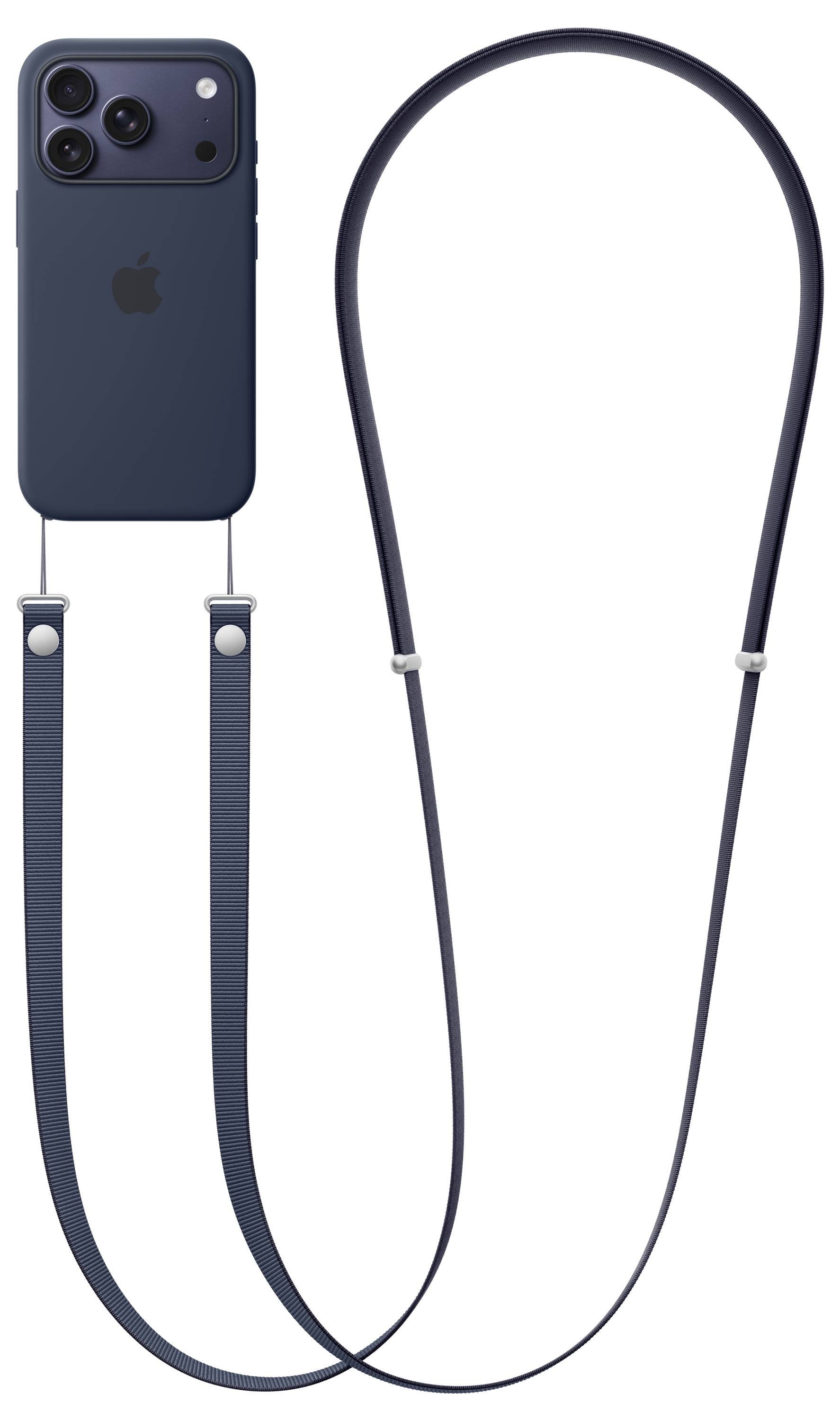 Un smartphone bleu doté d'un double objectif photographique est attaché à une longue sangle bleue ajustable, adaptée pour être transportée ou portée autour du cou.