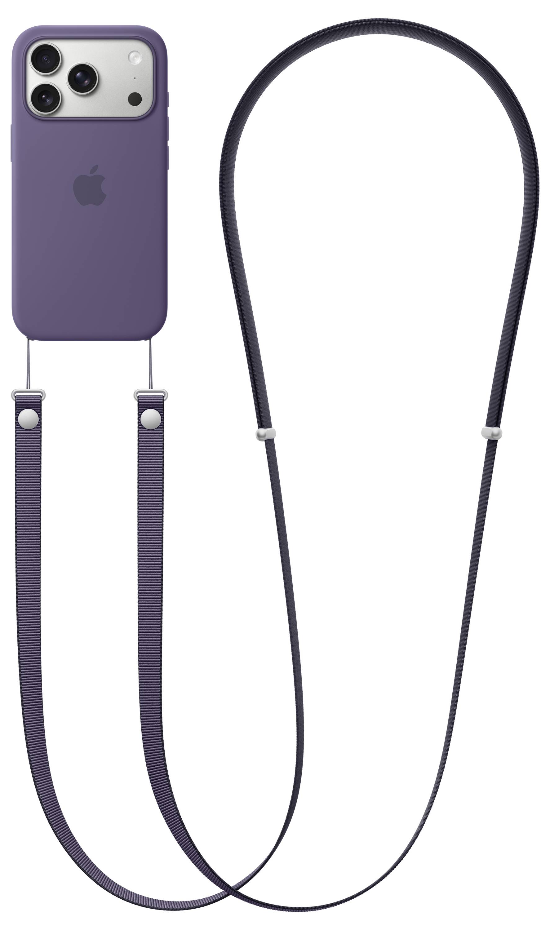 Étui de smartphone violet avec sangle ajustable fixée, conçu pour être porté autour du cou ou de l'épaule. Pensé pour un transport facile et un accès pratique.