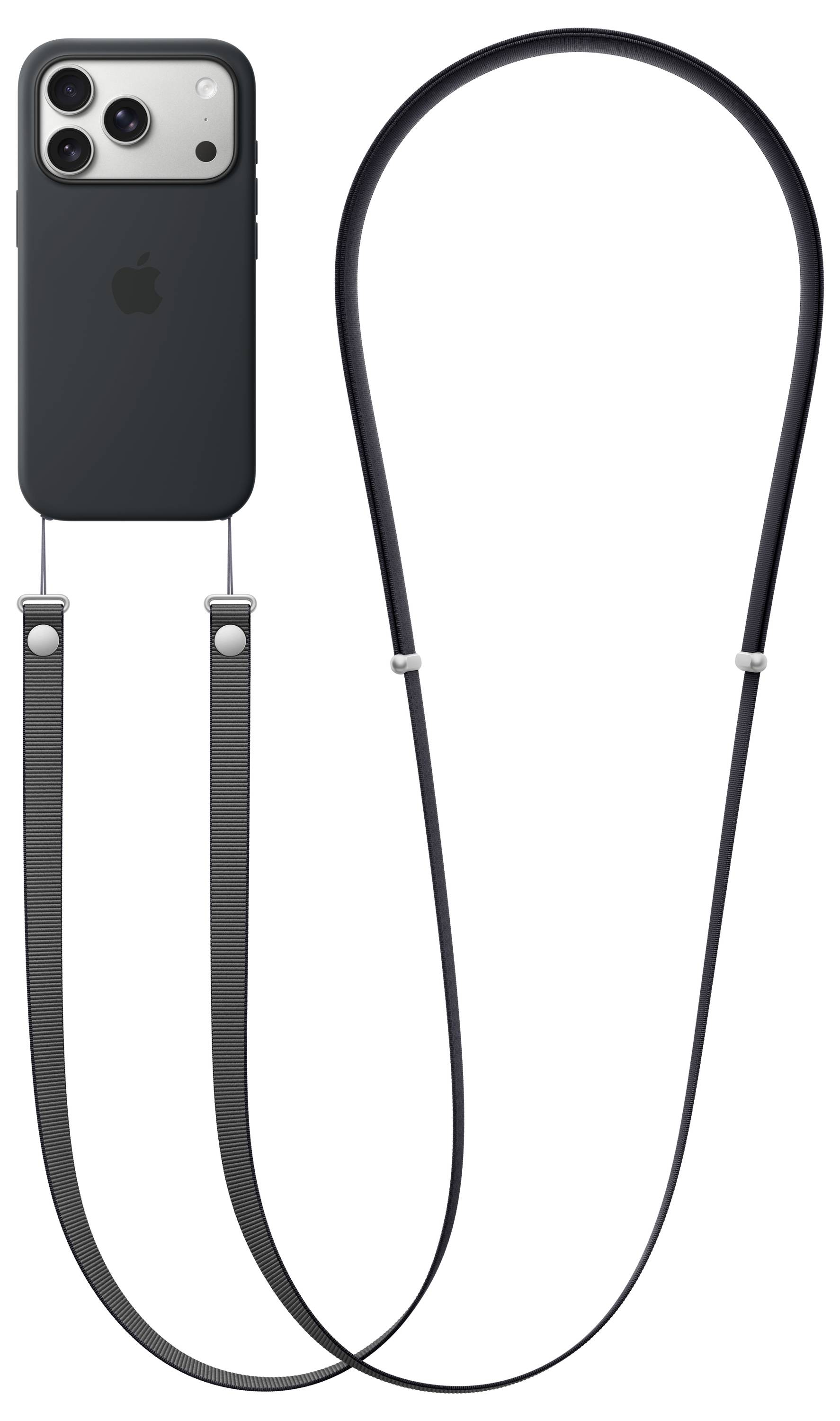 Un smartphone avec un étui noir est attaché à une longue lanière noire, conçue pour être porté sans les mains.
