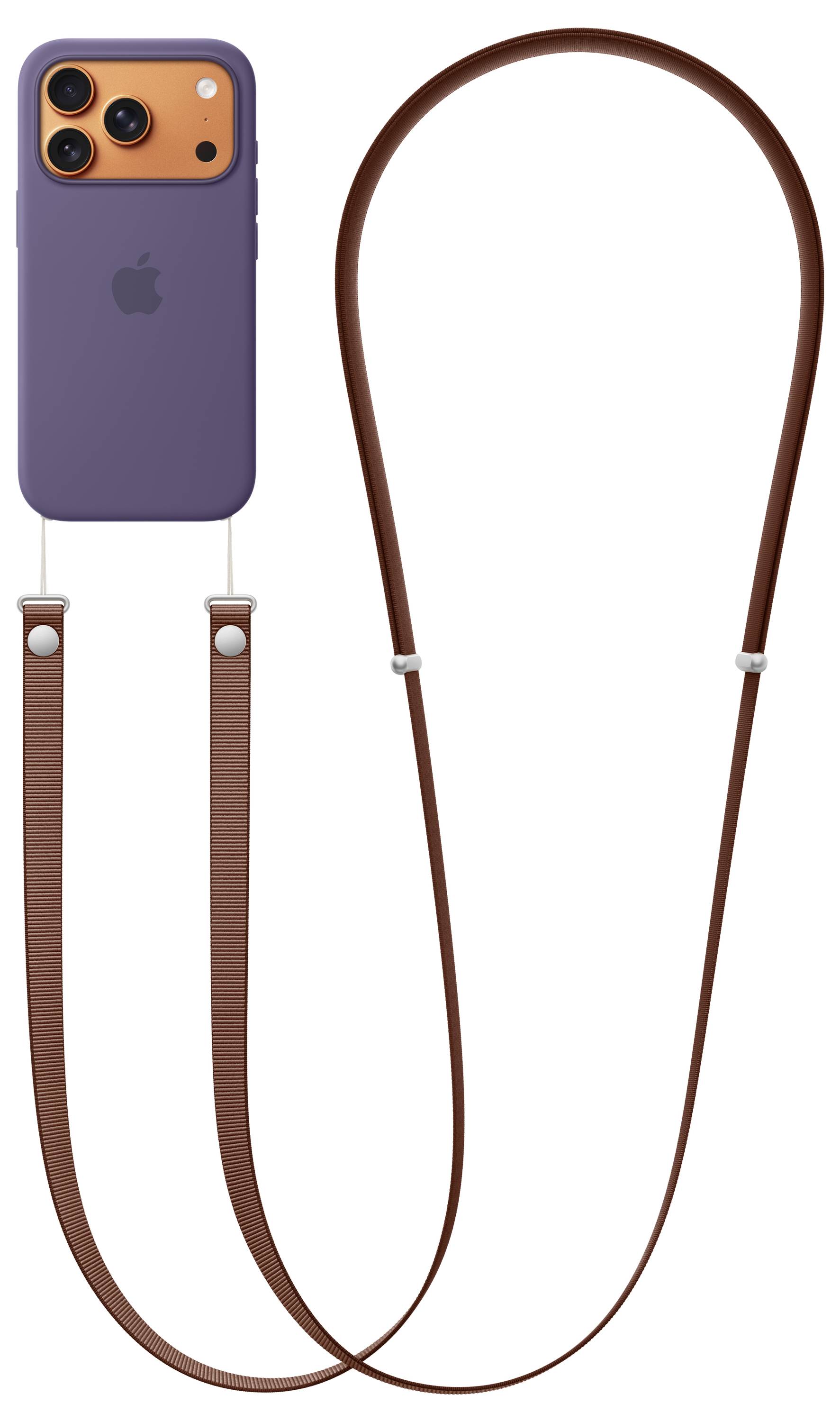 Un smartphone violet et orange arborant le logo Apple est attaché à une longue lanière en cuir marron, présenté sur un fond uni.
