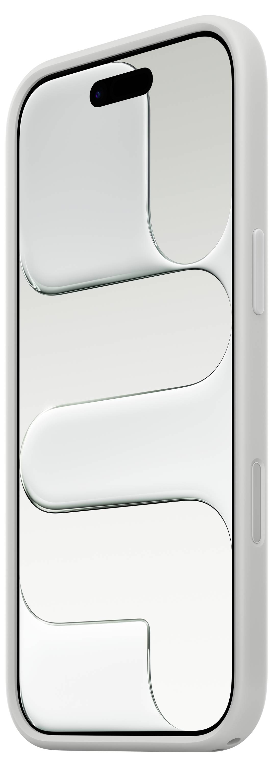 Un smartphone moderne avec un cadre blanc et un écran affichant des lignes blanches et grises abstraites et courbées.