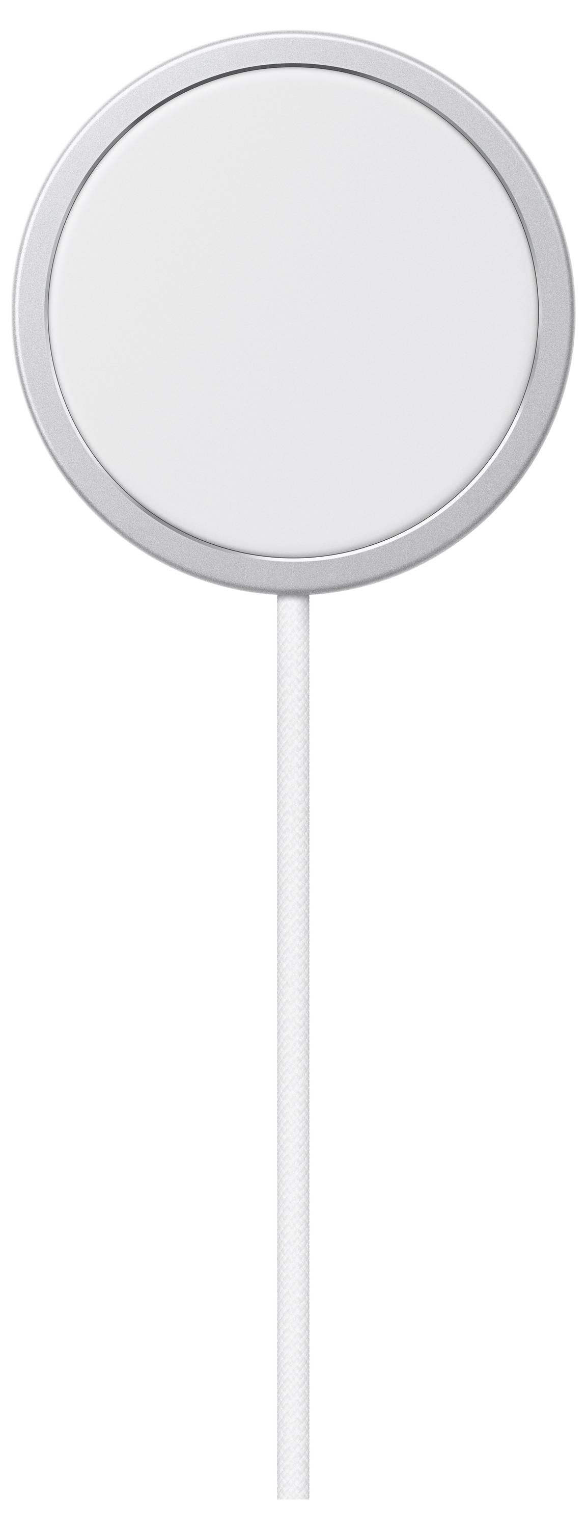 Un pad de charge magnétique circulaire blanc avec un bord argenté, relié à un câble blanc sur un fond uni.