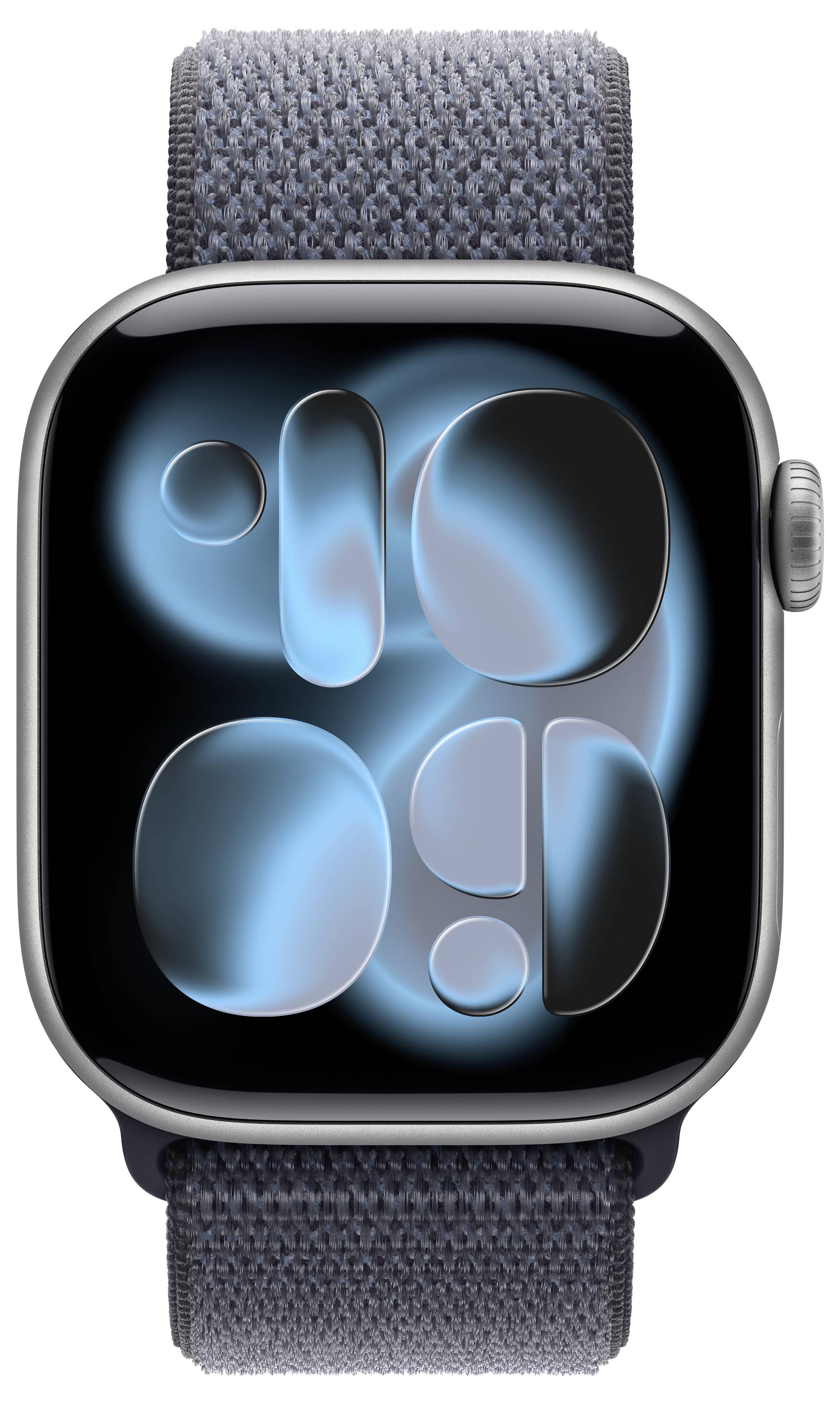 Une montre connectée avec un design abstrait bleu sur l'écran et un bracelet en tissu.