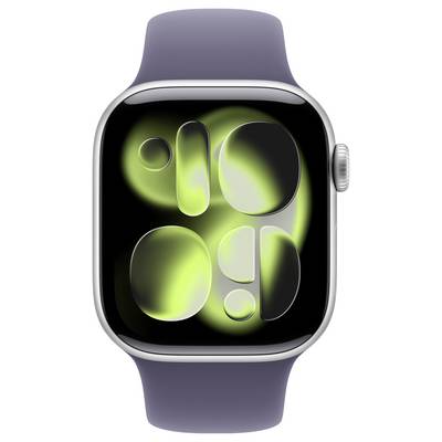 Une montre connectée avec un motif circulaire et ovale abstrait au néon sur l'écran, dotée d'un cadre argenté et d'un bracelet gris foncé.