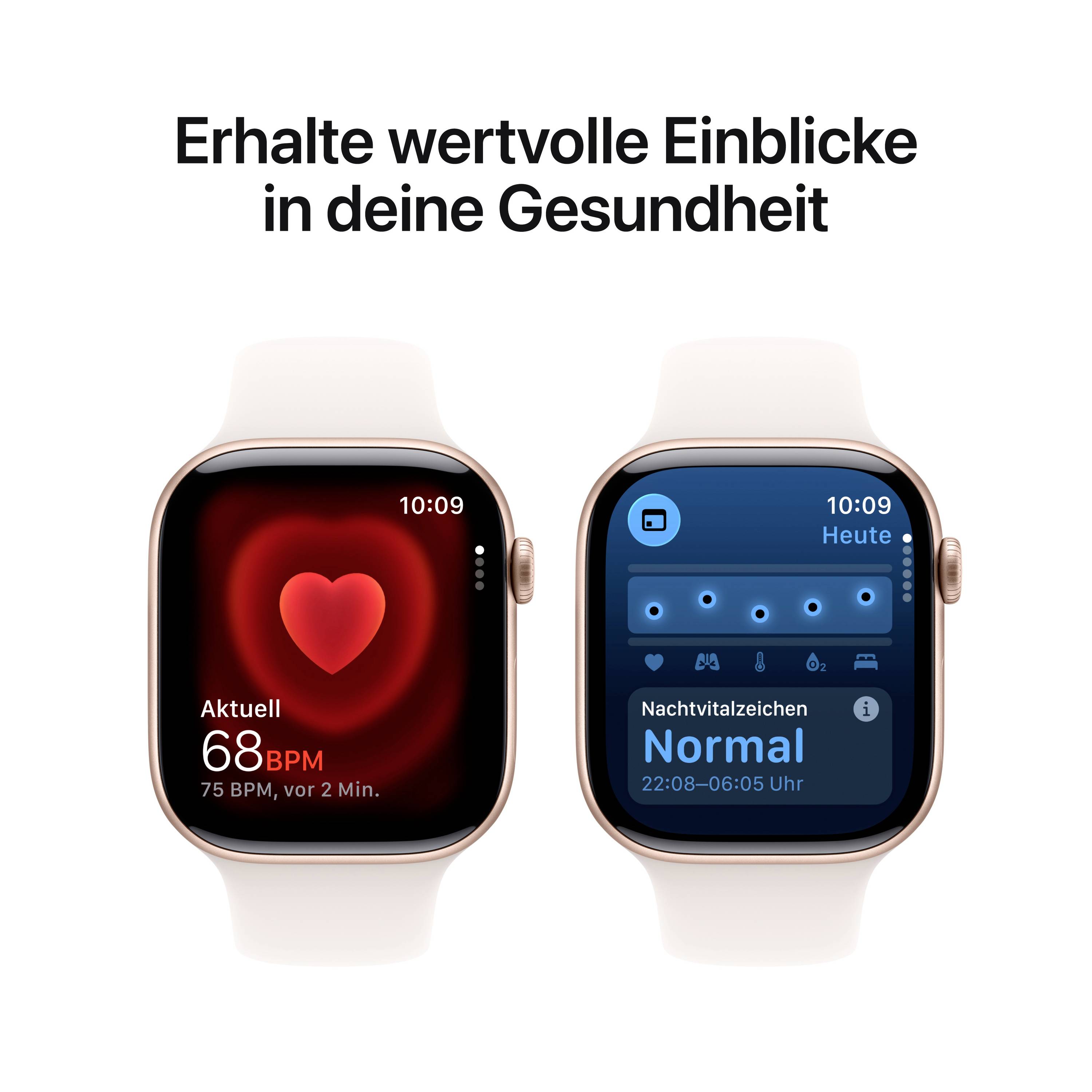Deux écrans de montres connectées ; à gauche affiche la fréquence cardiaque avec un symbole de cœur rouge, à droite affichage bleu des données vitales nocturnes indiquant "Normal".