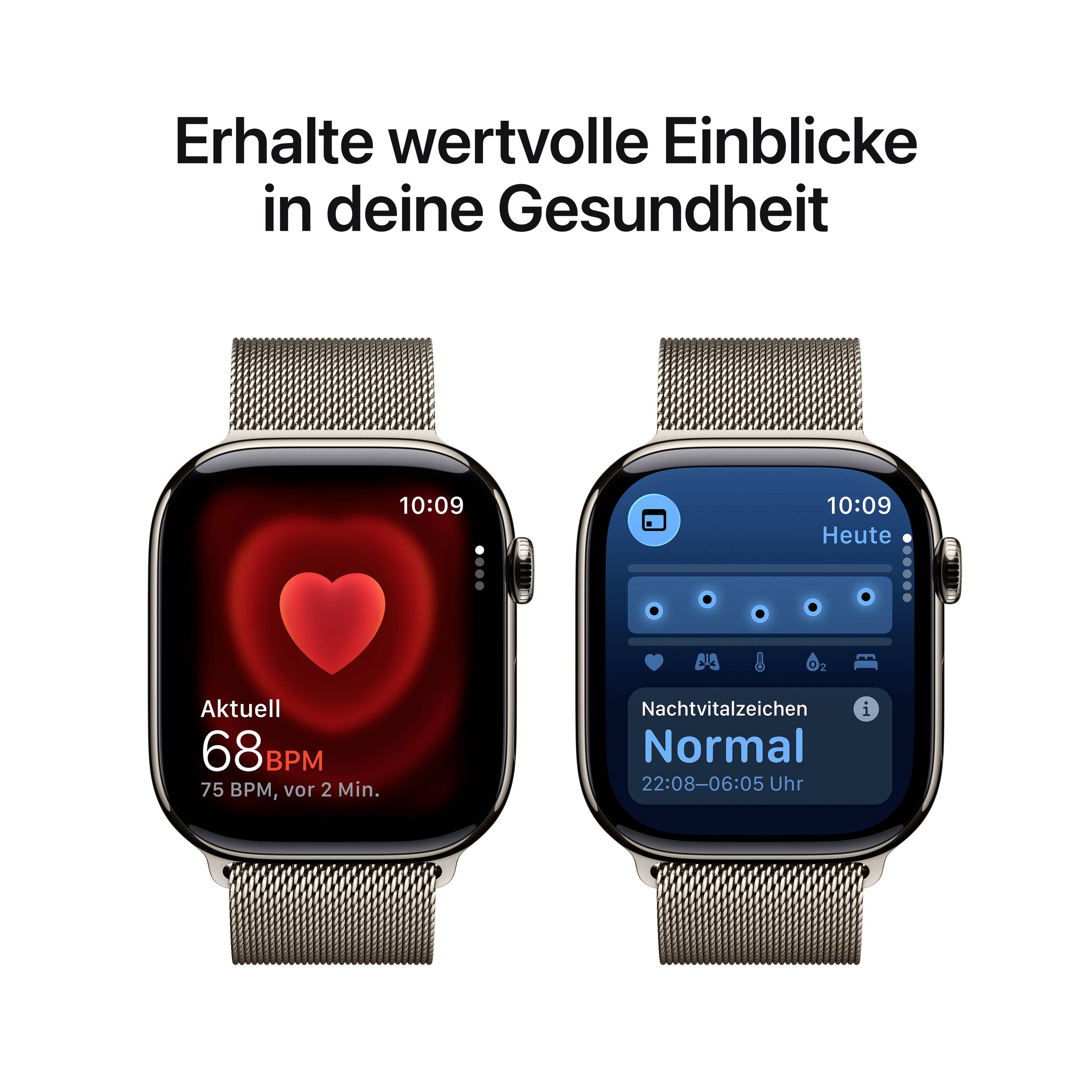 Deux écrans de smartwatch : À gauche, affichage du pouls (68 BPM), à droite analyse du sommeil (Normal). Texte en haut : 'Obtenez des informations précieuses sur votre santé'.
