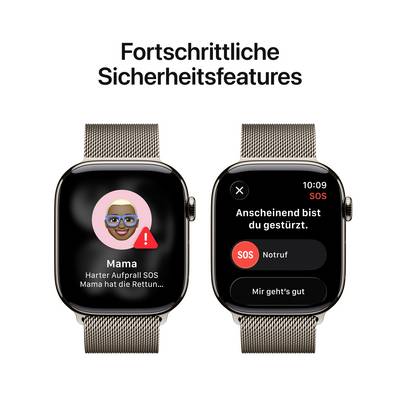 Deux montres connectées avec des fonctionnalités de sécurité avancées. À gauche : 'Maman' avec un symbole d'avertissement. À droite : Écran affichant 'Appel d'urgence' après une chute.
