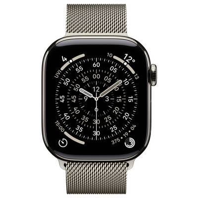 Une montre intelligente avec un bracelet en maille d'acier inoxydable affiche un cadran d'horloge de style analogique avec des aiguilles des heures et des minutes, ainsi que divers indicateurs circulaires.