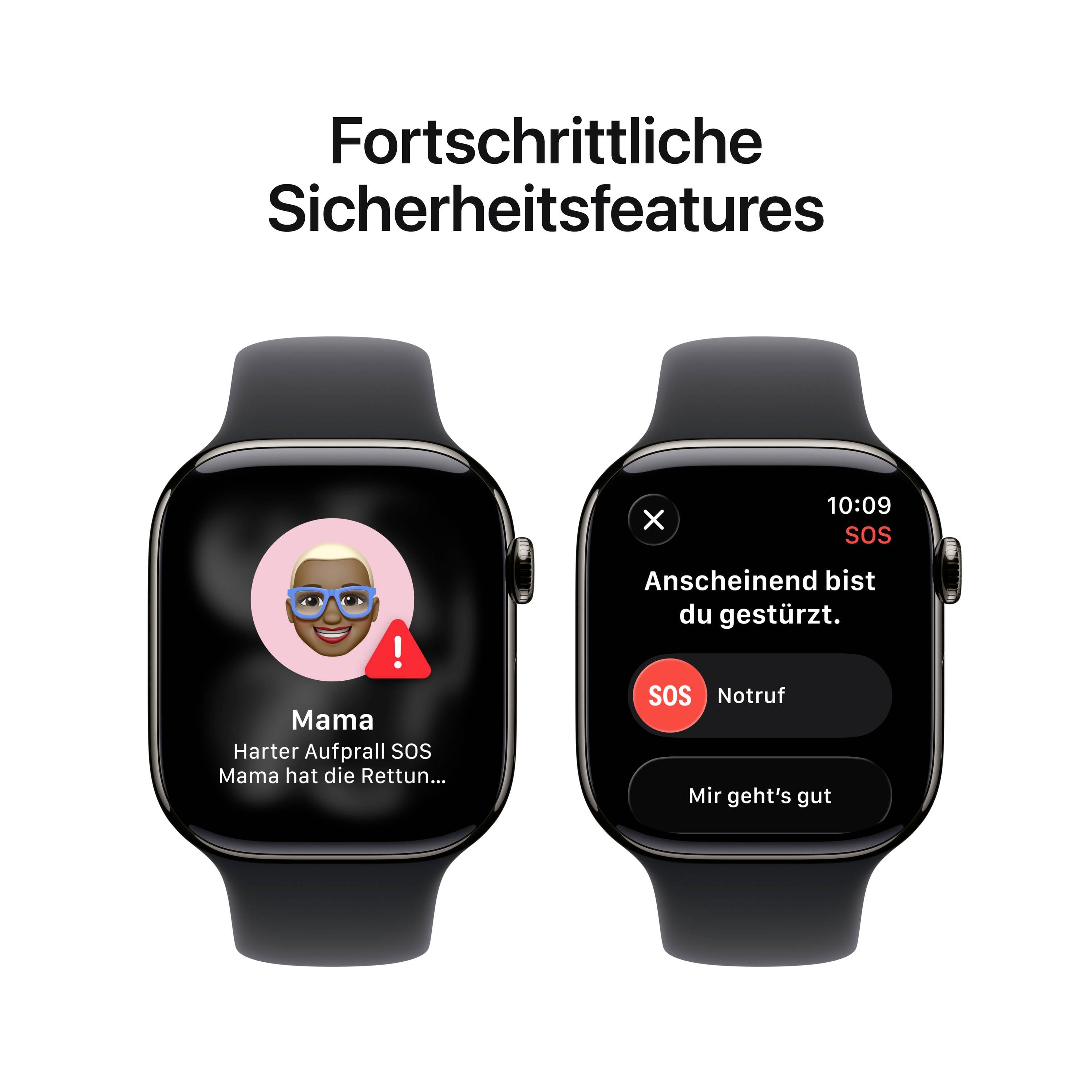 Fonctionnalités de sécurité avancées d'une montre connectée : Notification SOS en cas de chute avec options 'Appel d'urgence' ou 'Je vais bien'.