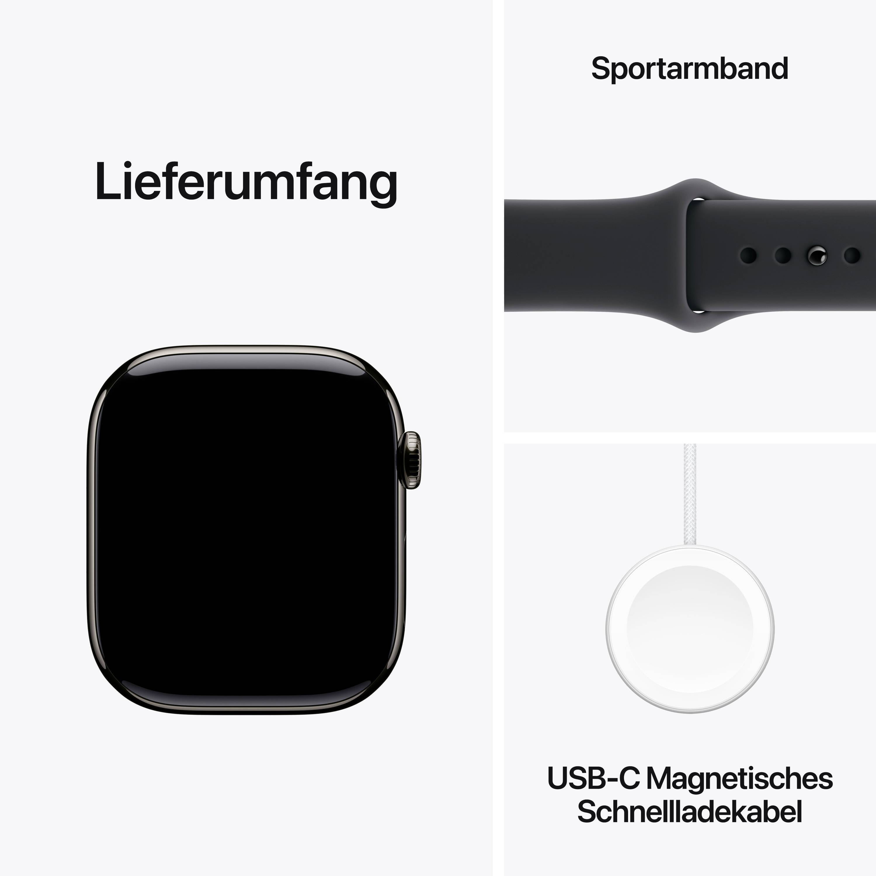Le 'contenu de la livraison' présente une montre intelligente, un bracelet de sport et un câble de charge rapide magnétique USB-C sur un fond blanc.