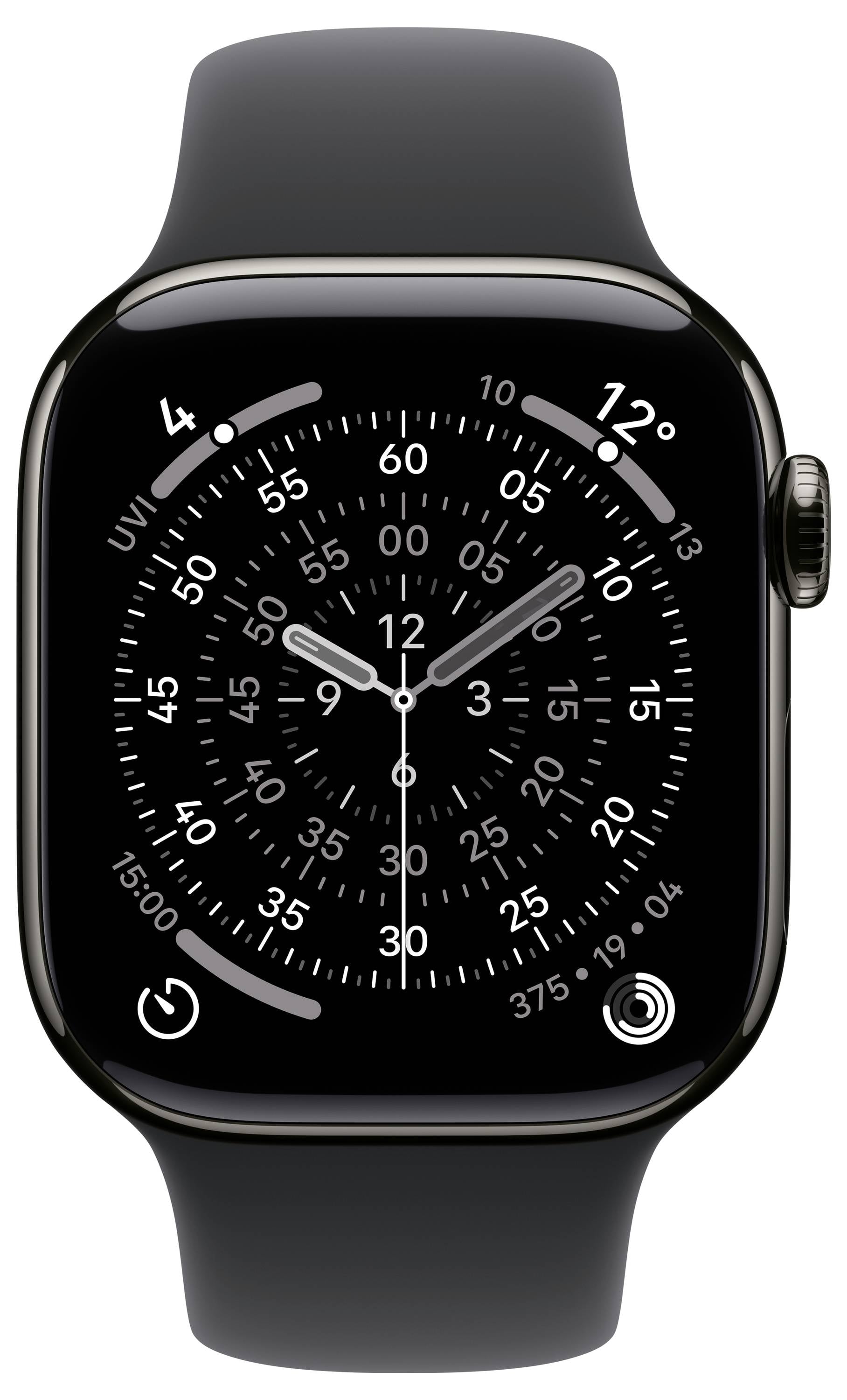 Un gros plan sur une montre intelligente noire affichant un cadran d'horloge analogique détaillé avec des chiffres, des aiguilles des heures et des minutes, et plusieurs cadrans.