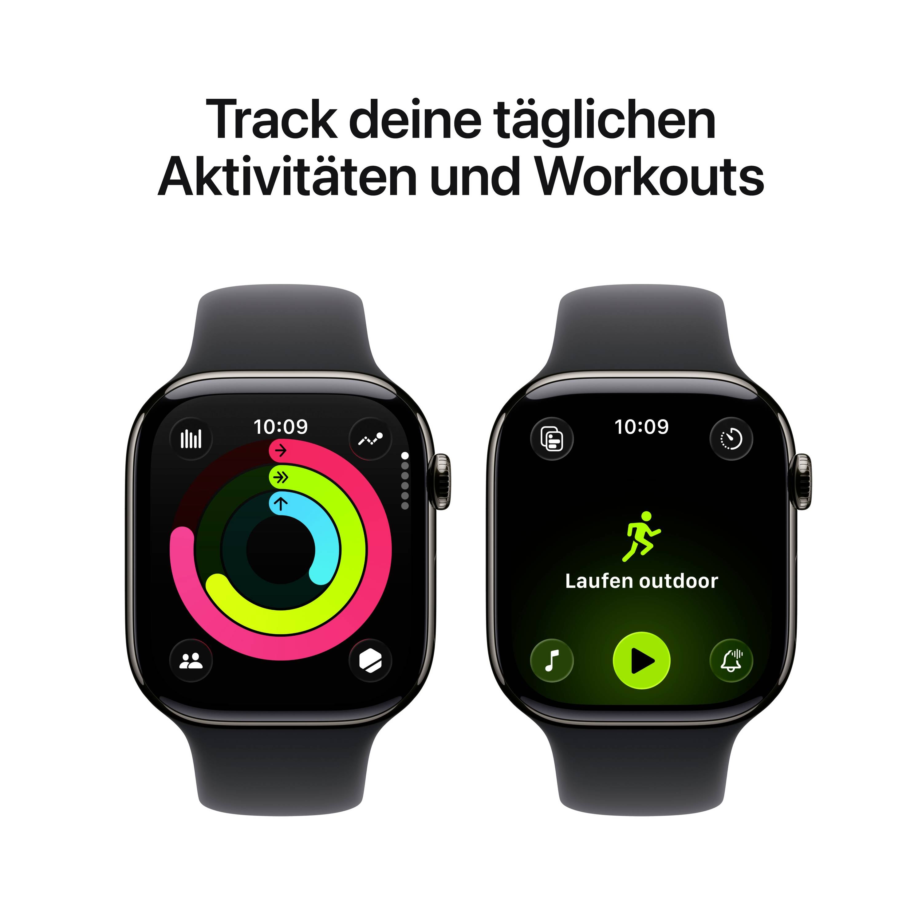 Deux montres connectées affichent des anneaux d'activité et un mode de course en extérieur. Texte : 'Suivez vos activités quotidiennes et vos entraînements'.