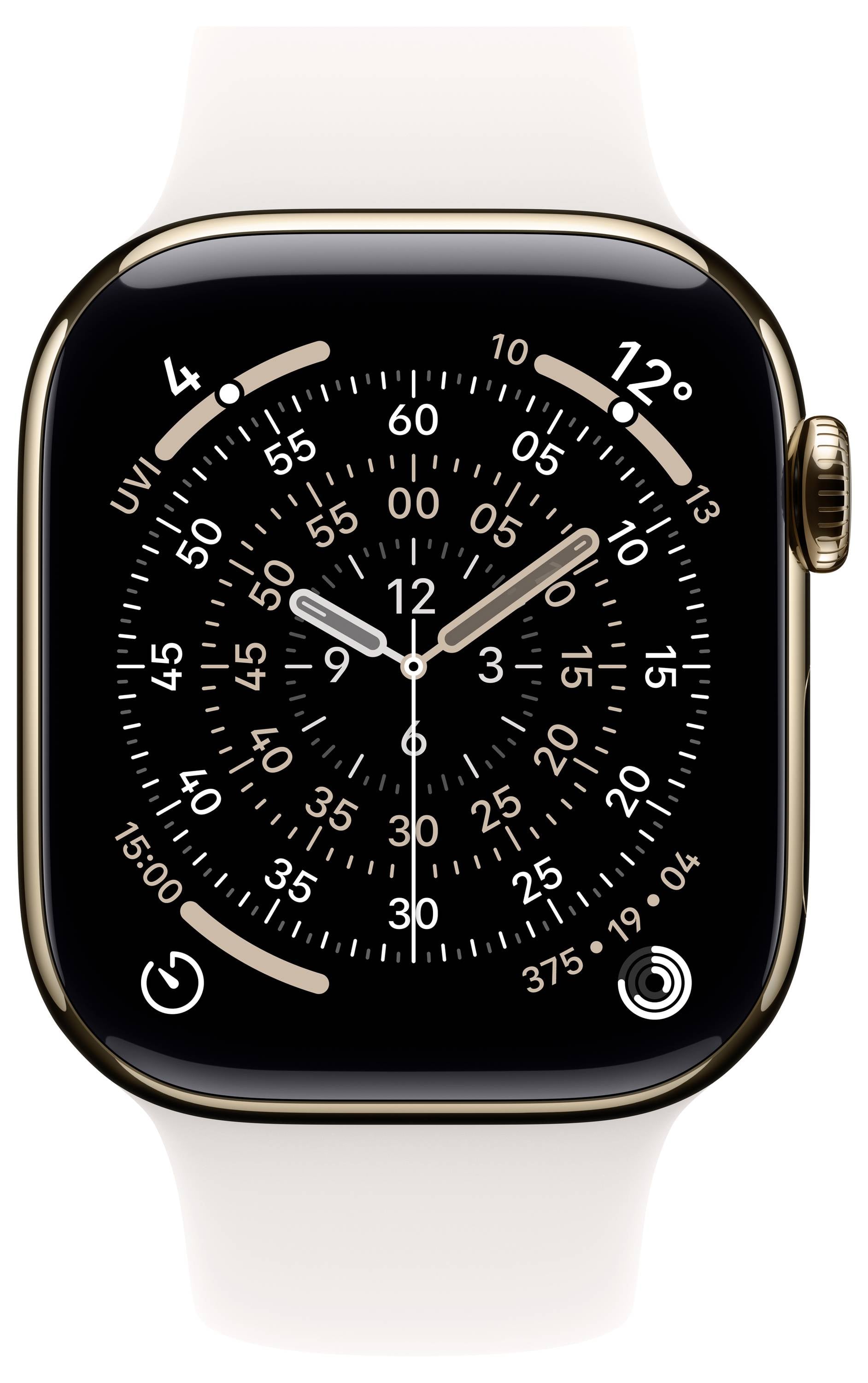 Une montre connectée avec un cadran rond affichant une horloge analogique, entourée de bagues d'activité et d'icônes, installée sur un boîtier en or.