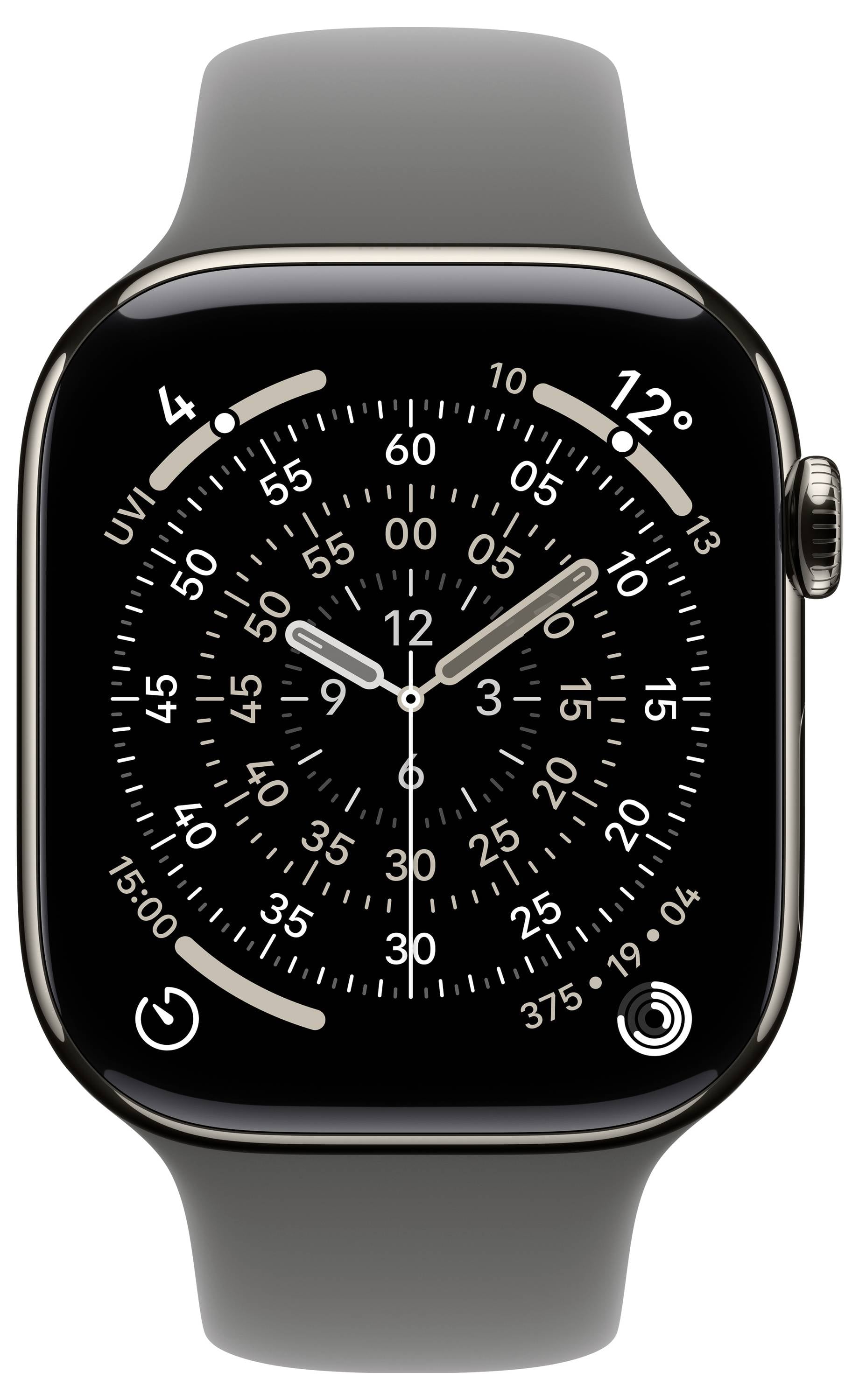 Une montre intelligente numérique affiche un cadran d'horloge analogique avec des chiffres, des marques tous les cinq minutes et deux aiguilles. La date indique « 04 10 ».