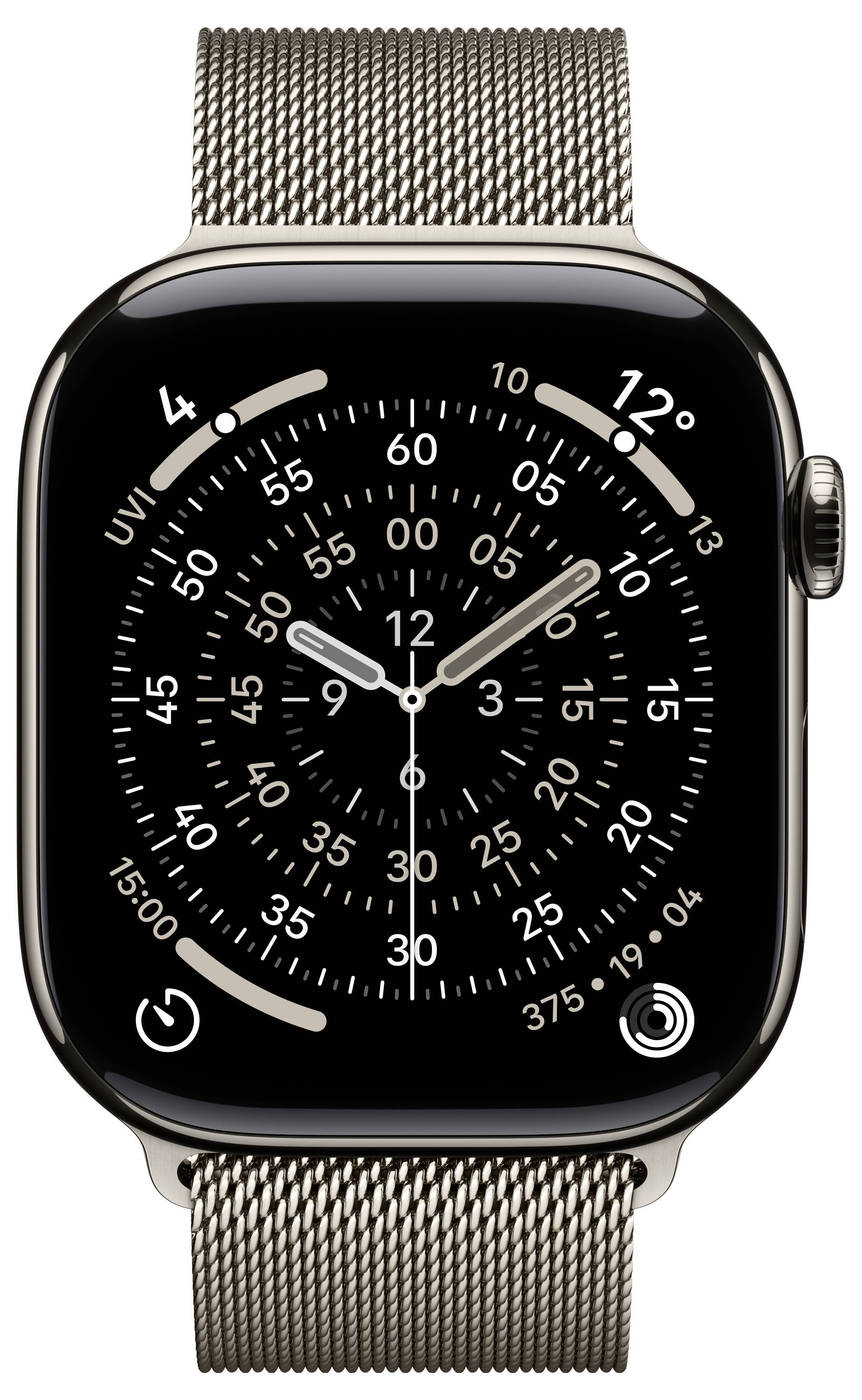 Une montre connectée avec un bracelet en maille affiche un cadran d'horloge analogique, la date et des anneaux d'activité. Elle est réglée sur 10 h 12, présentant un design moderne.