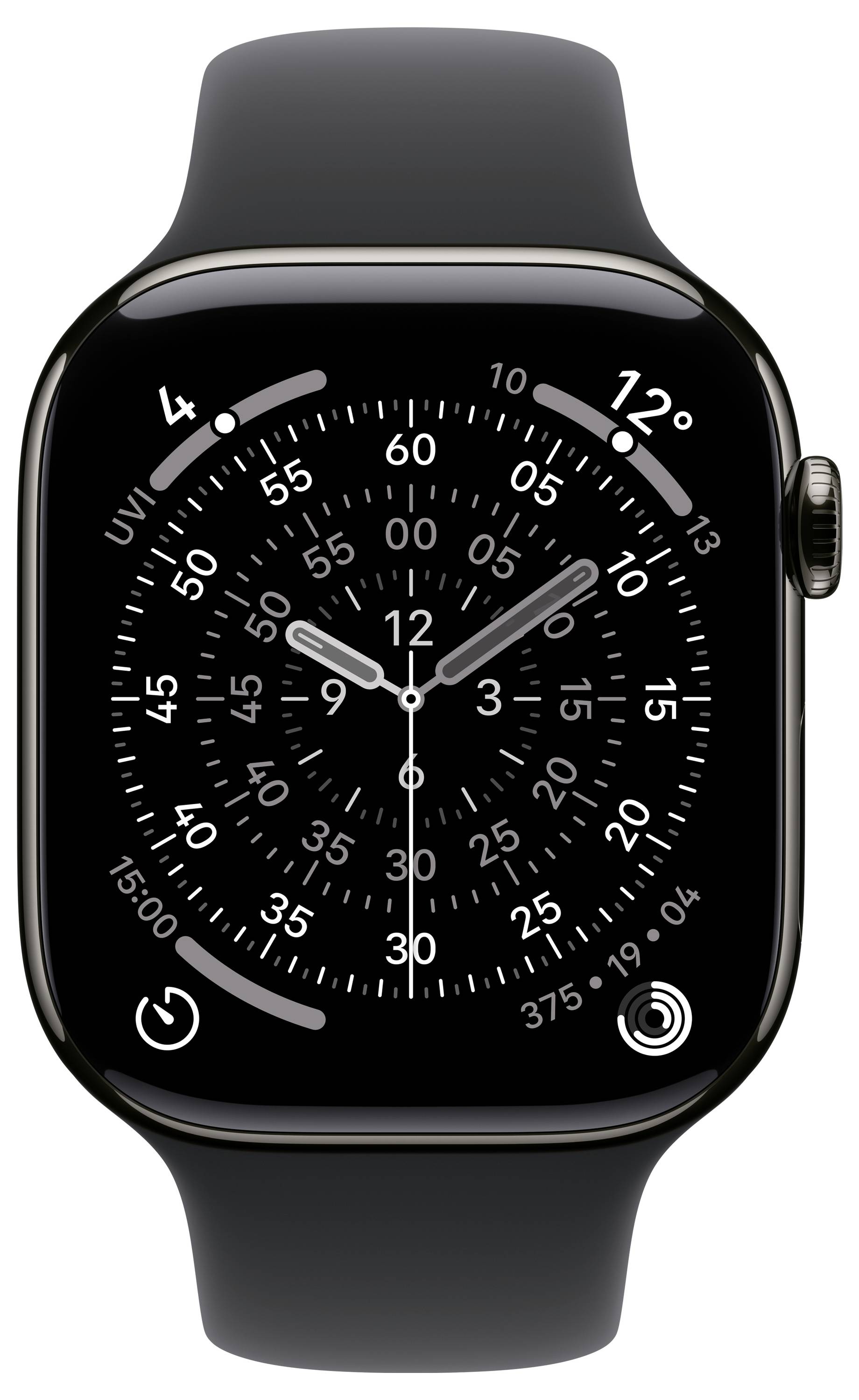 Une montre connectée affichant une interface d'horloge analogique unique, avec des cadrans circulaires concentriques comportant des chiffres de 1 à 12 et des marques pour les minutes.