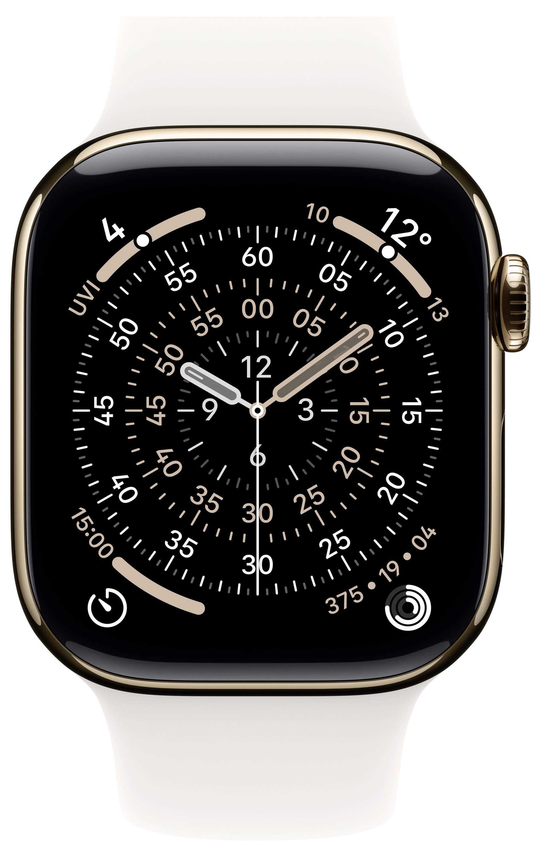 Une montre connectée affichant un cadran d'horloge analogique avec plusieurs cadrans pour les fuseaux horaires, des anneaux d'activité, la date du calendrier et d'autres fonctionnalités liées au temps.