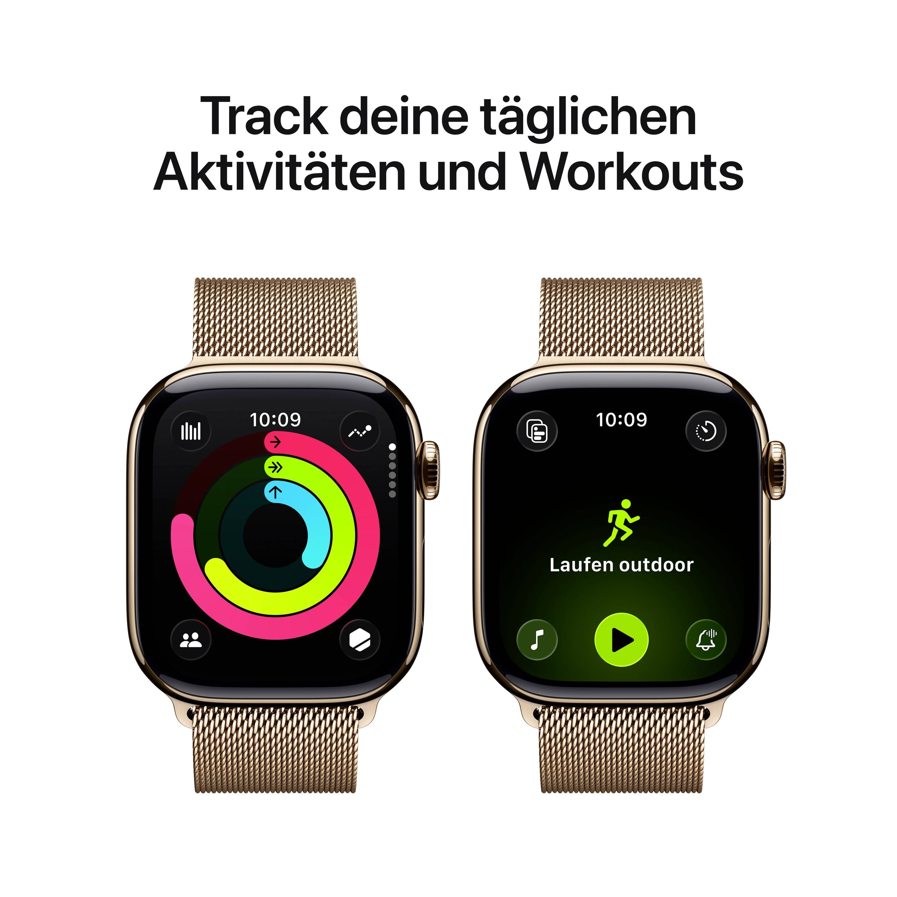 Deux écrans de montres intelligentes affichent des données de fitness. À gauche : anneaux d'activité et heure. À droite : 'Course en extérieur' avec une icône de course verte. Texte en haut : 'Suivez vos activités quotidiennes et vos entraînements'.