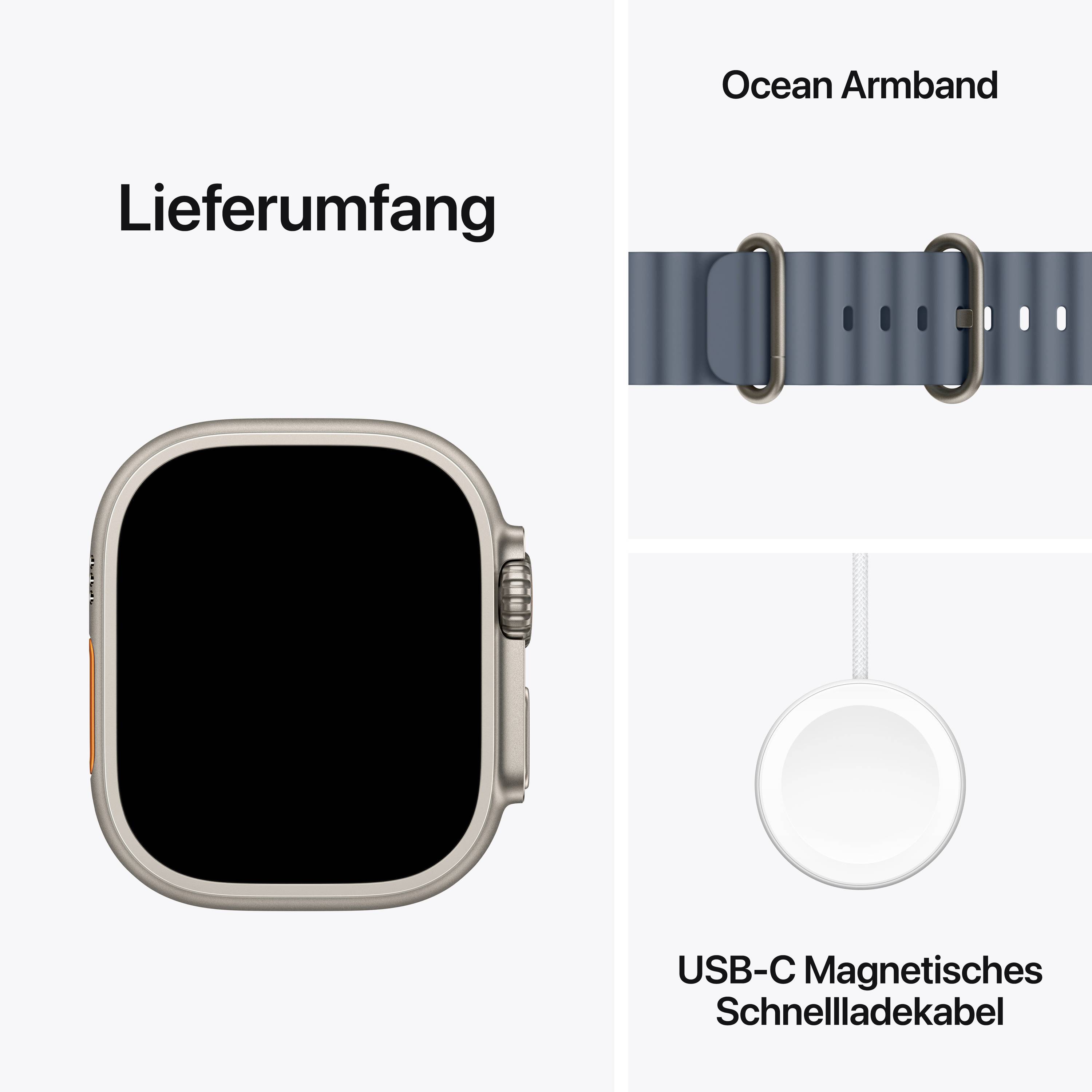 Contenu de la livraison h2 : Un bracelet océan, une montre intelligente et un câble de charge magnétique rapide USB-C sont illustrés.
