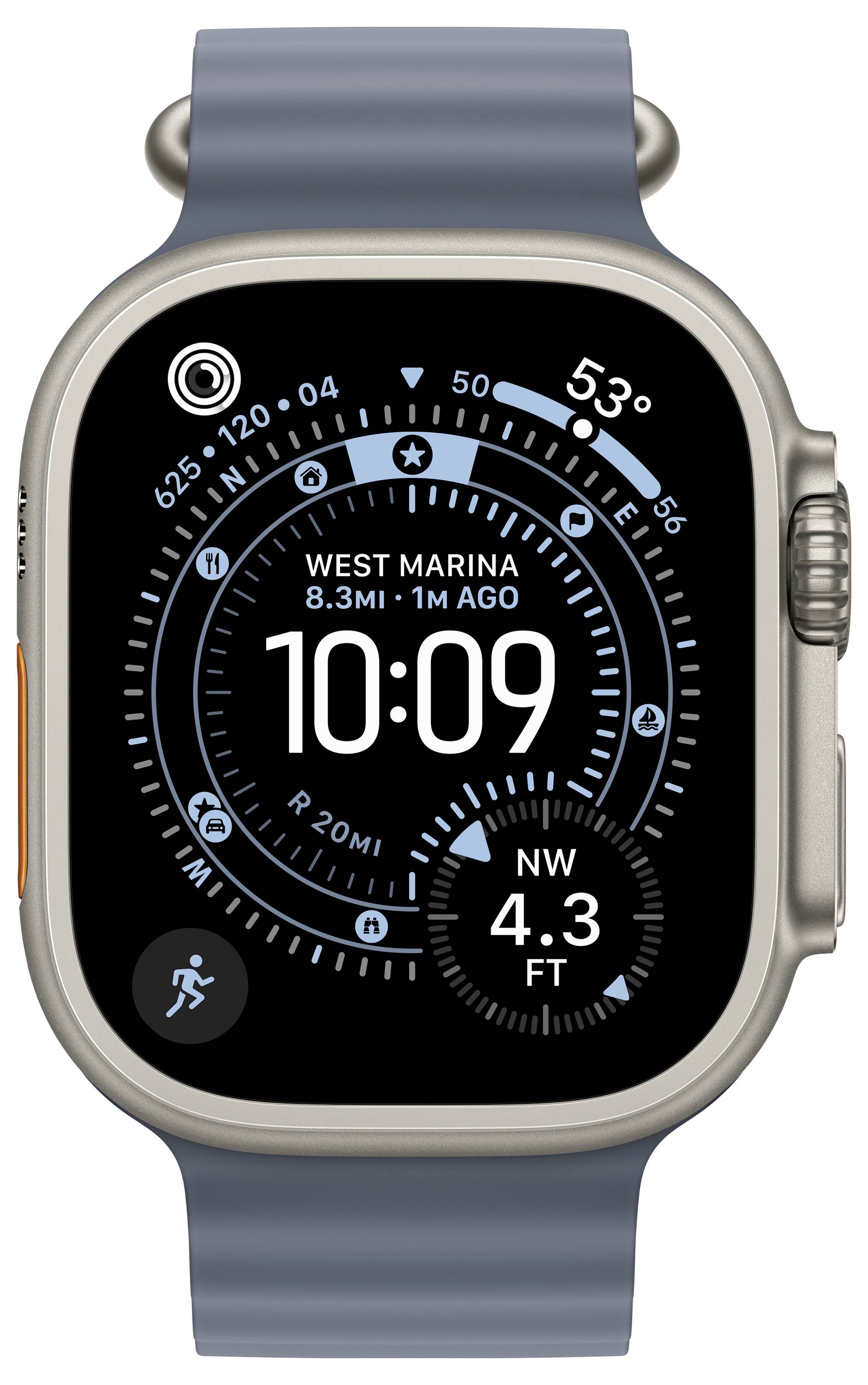 Une montre connectée affichant l'heure actuelle, 10:09, avec des mesures détaillées comprenant une élévation de marée de 4,3 pieds et une distance de 8,3 miles.
