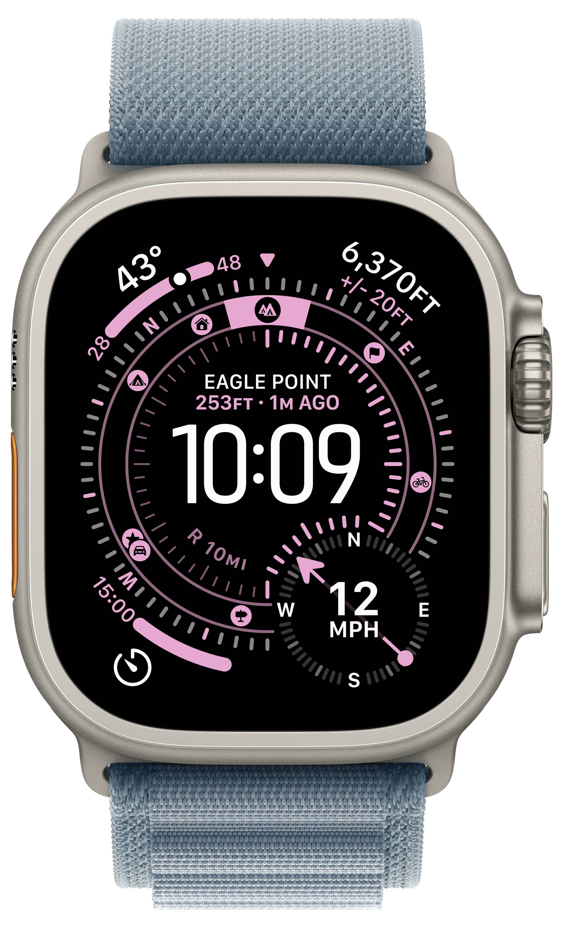 Écran de montre connectée affichant l'heure '10:09', l'altitude '6 370 pieds', l'emplacement 'Eagle Point', la vitesse '12 mph', et autres indicateurs de forme physique.