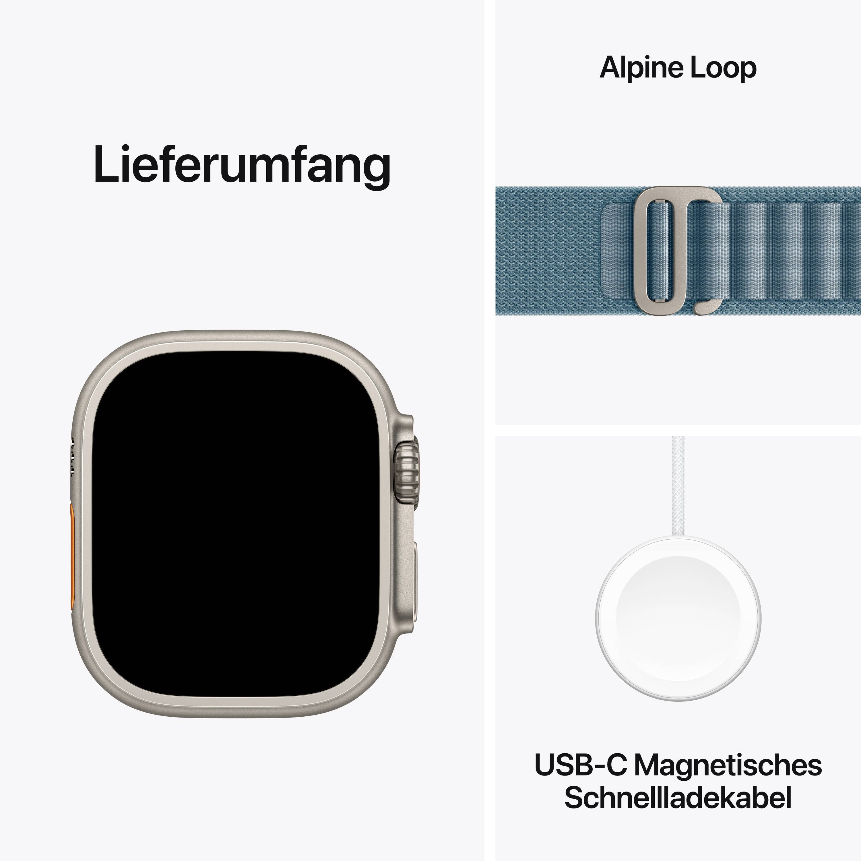 Une smartwatch avec un bracelet bleu Alpine et un câble de charge rapide magnétique blanc USB-C sont inclus dans la livraison.