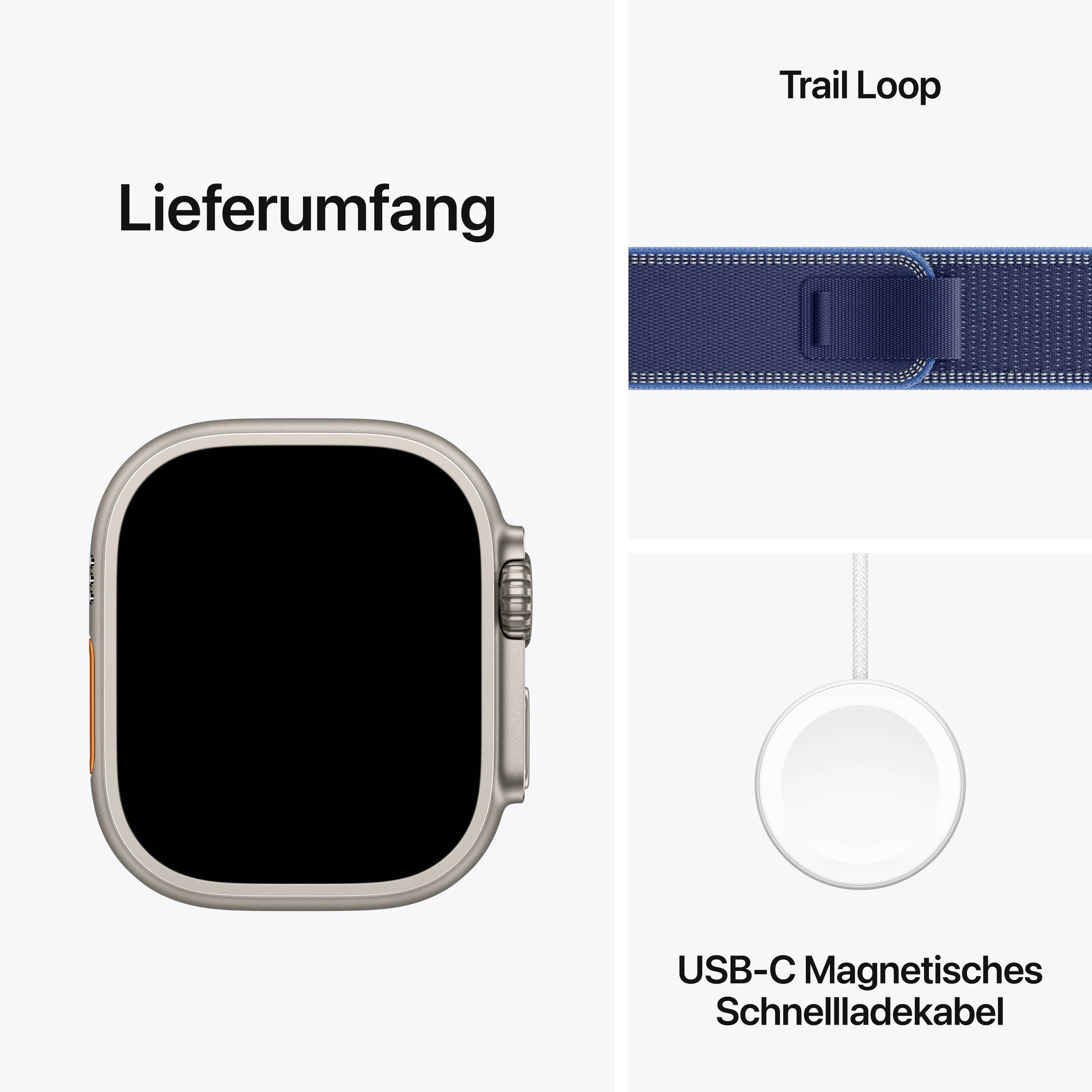 Contenu de la livraison d'une montre intelligente : Bracelet Trail Loop et câble de charge rapide magnétique USB-C.